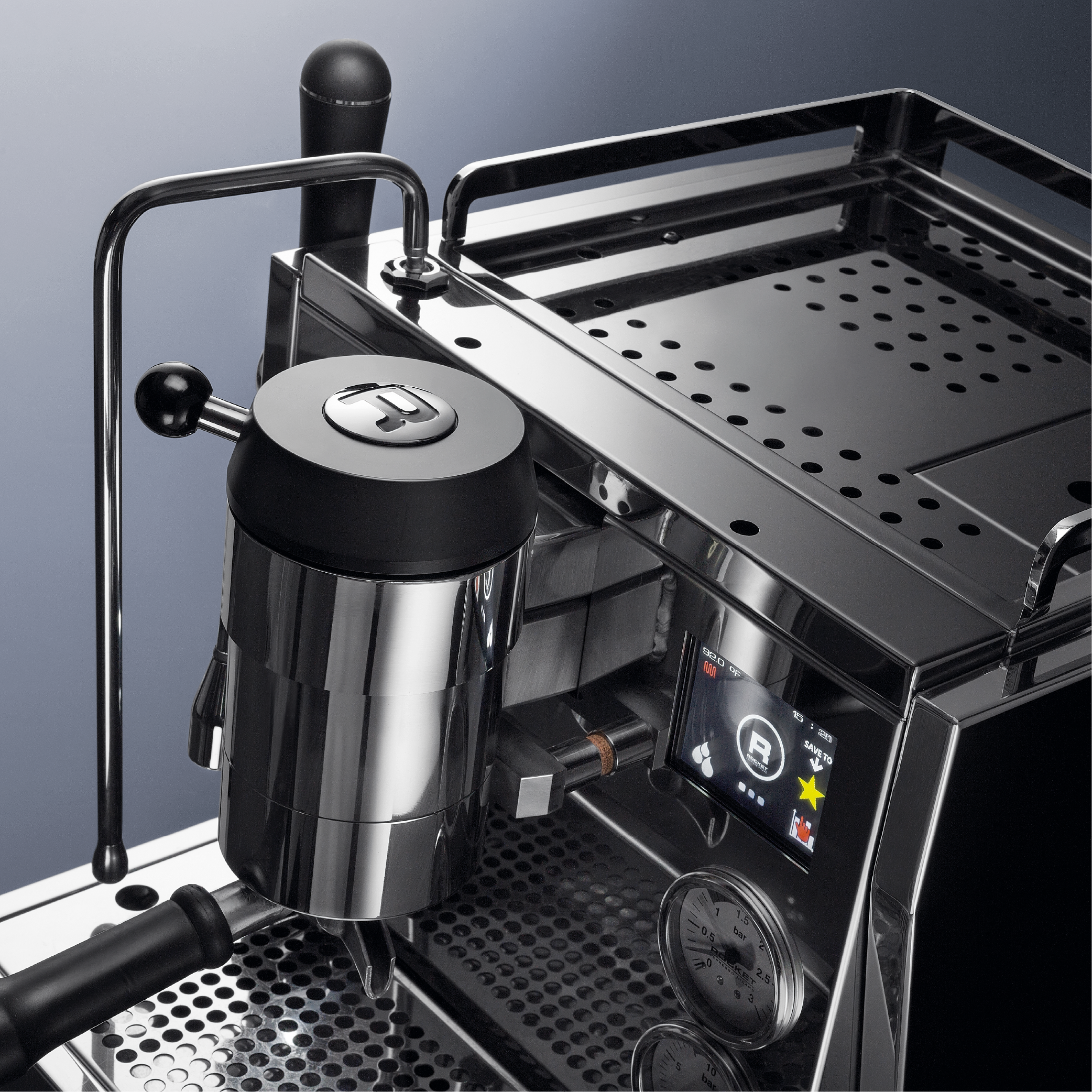 Rocket Espresso R9 ONE Espresso Machine. Top view of the saturated grouphead, cup warming tray and PID temperature control.