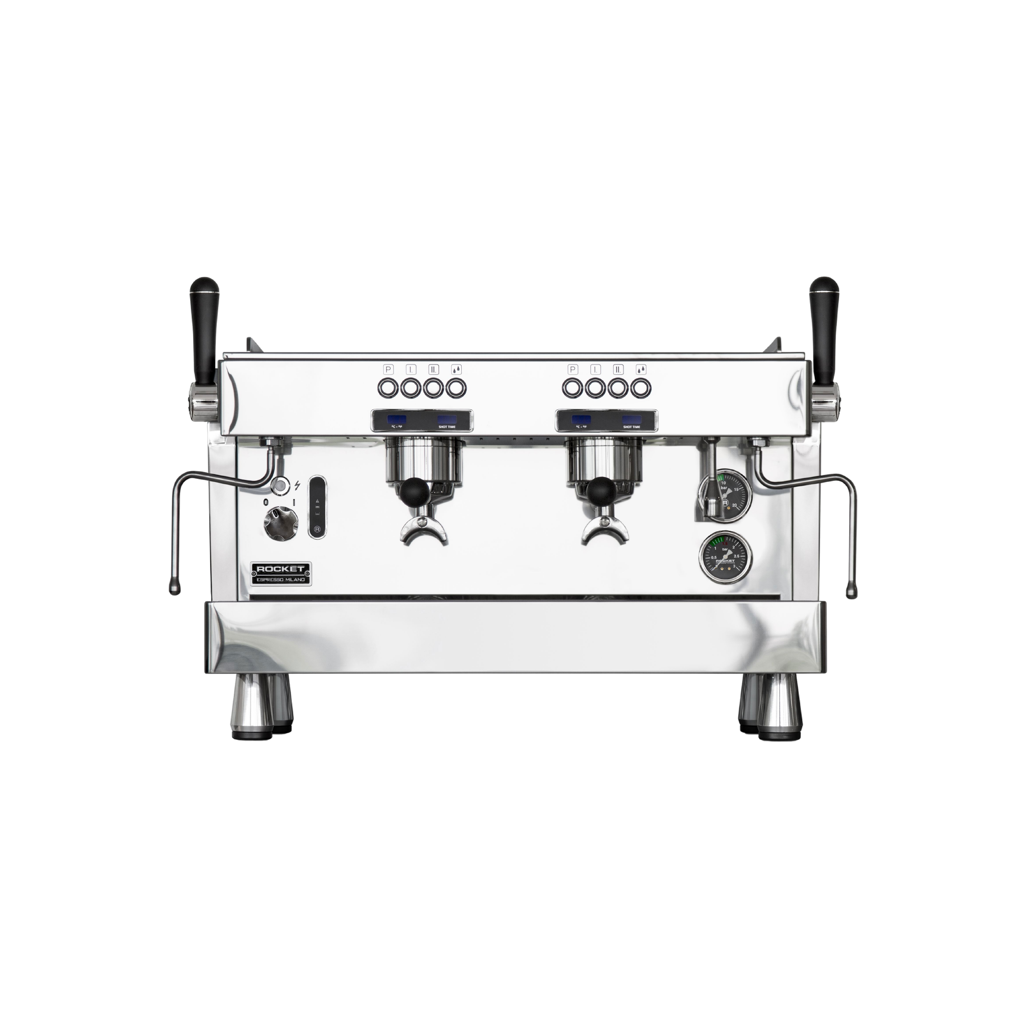 Rocket Espresso R9 Commercial Espresso Machine 2 grouphead. Front view of the machine.