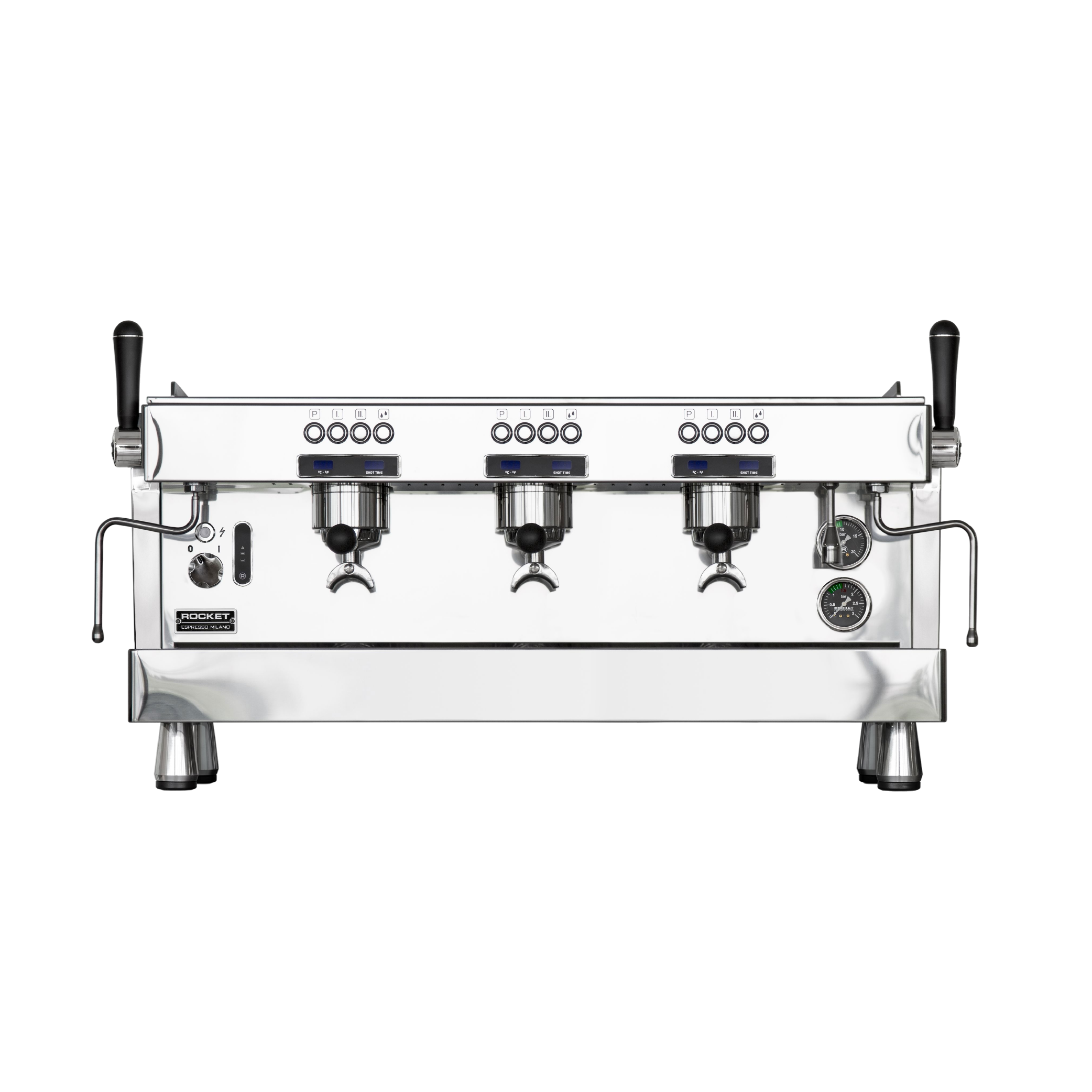 Rocket Espresso R9 Commercial Espresso Machine 3 grouphead. Front view of the machine.