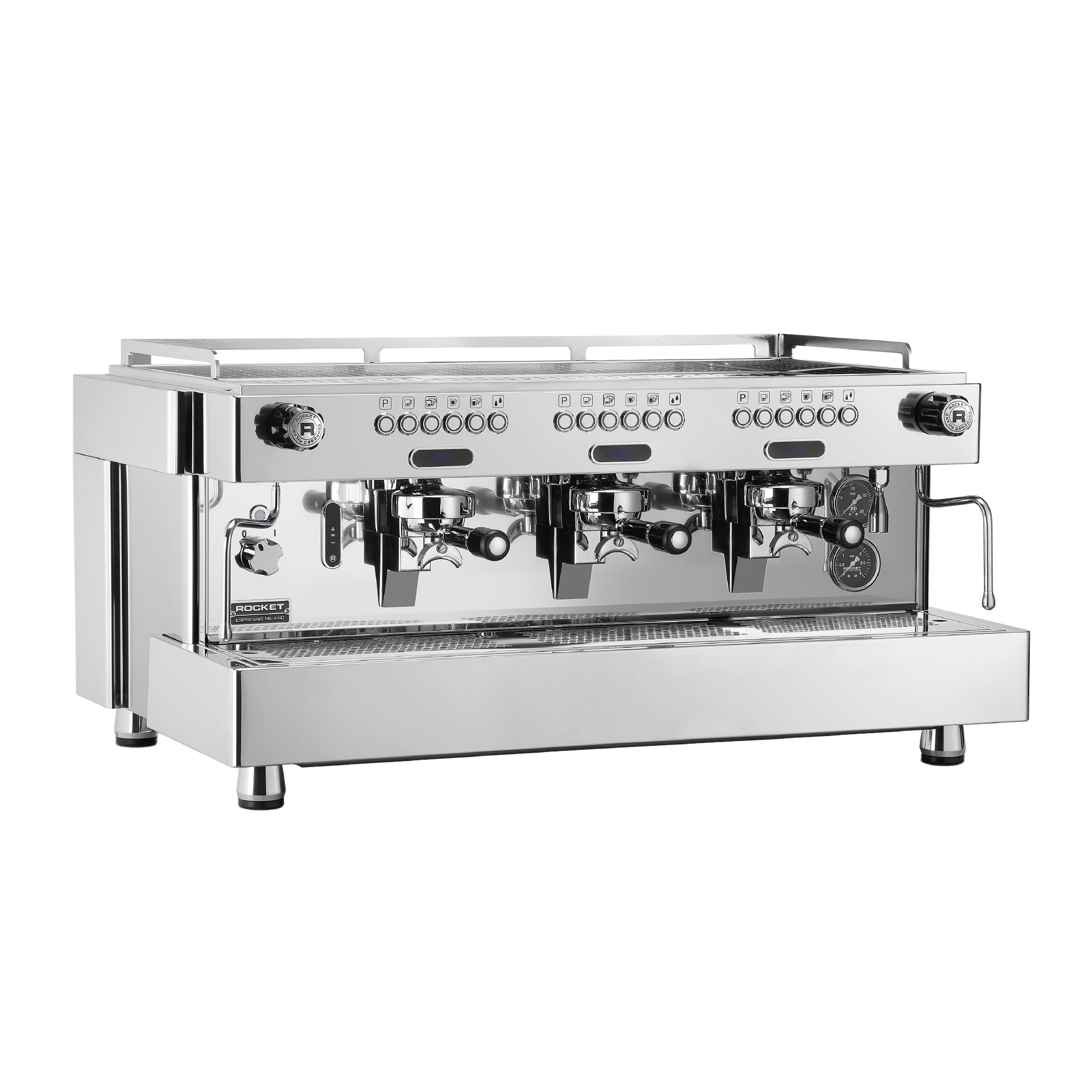 Rocket Espresso REA Automatic Commercial Espresso Machine 3 grouphead. Front view of the machine.