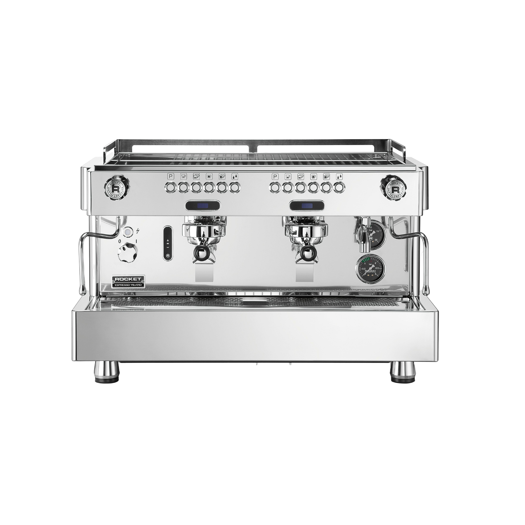 Rocket Espresso REA Automatic Commercial Espresso Machine 2 grouphead. Front view of the machine.