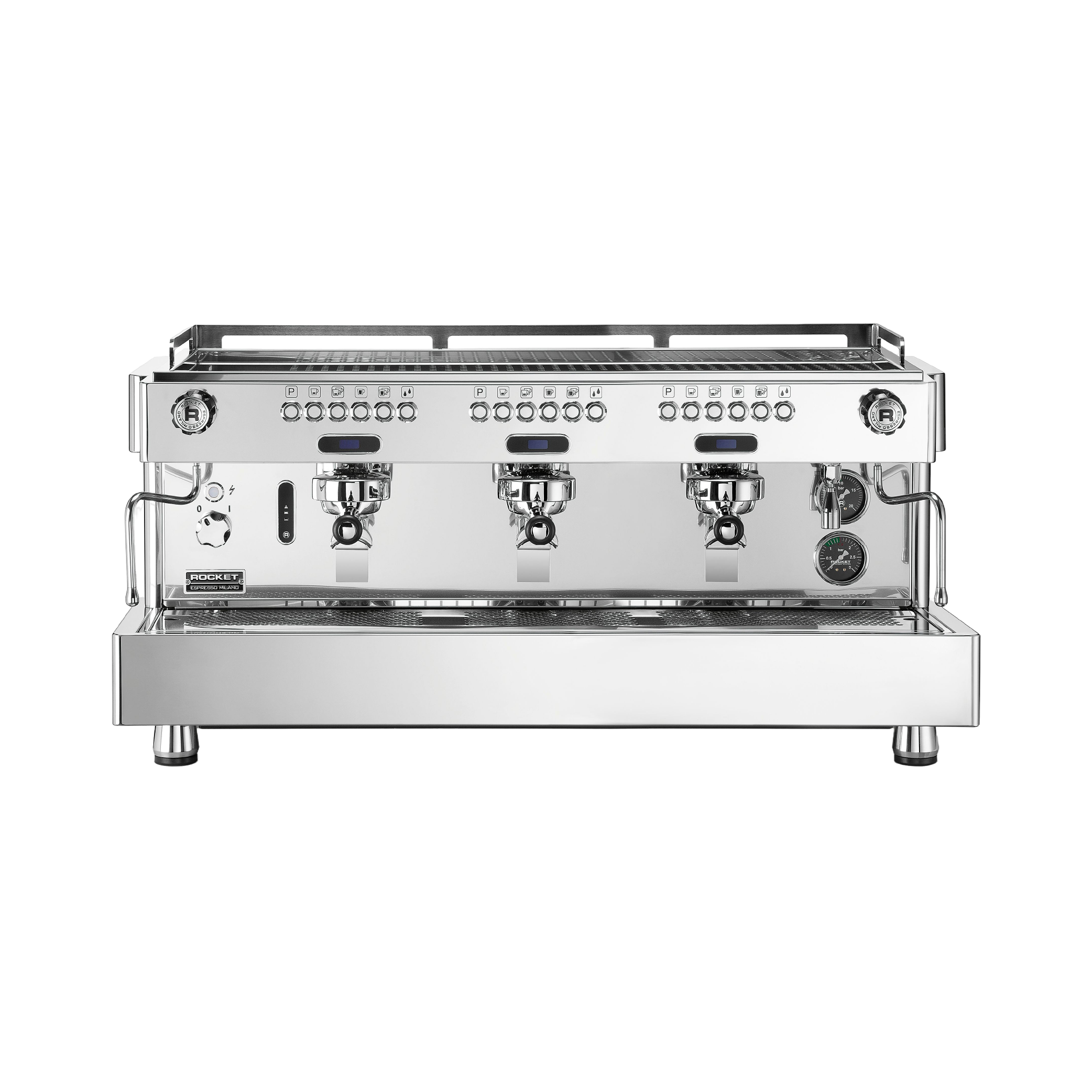 Rocket Espresso REA Automatic Commercial Espresso Machine 3 grouphead. Front view of the machine.