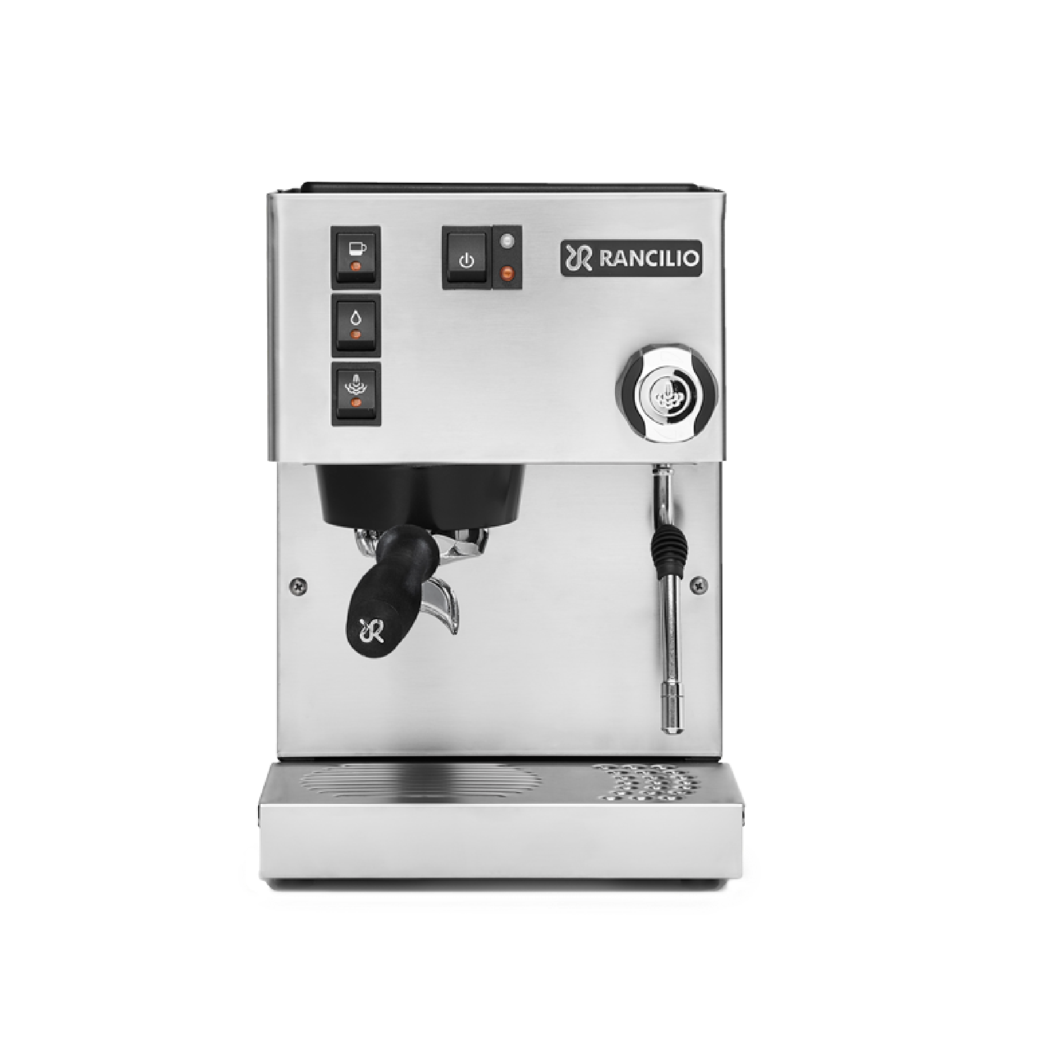 Rancilio Silvia V6 2020 Edition Espresso Machine in inox. Front view of the machine.