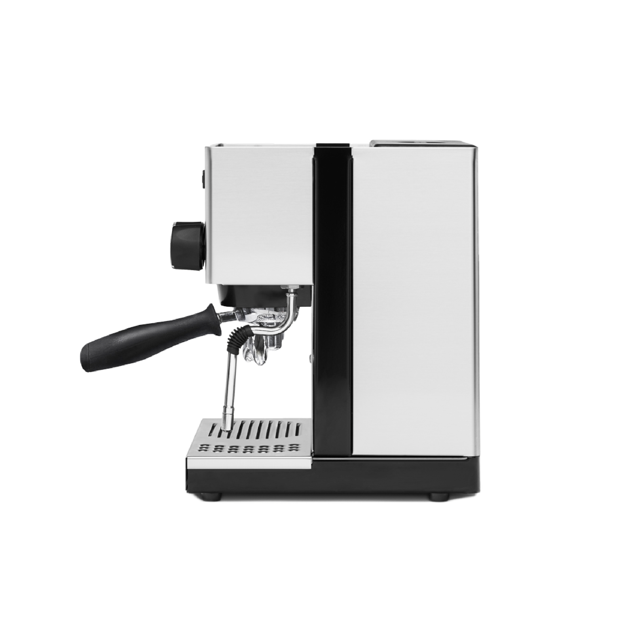 Rancilio Silvia V6 2020 Edition Espresso Machine in inox. Side view of the machine.