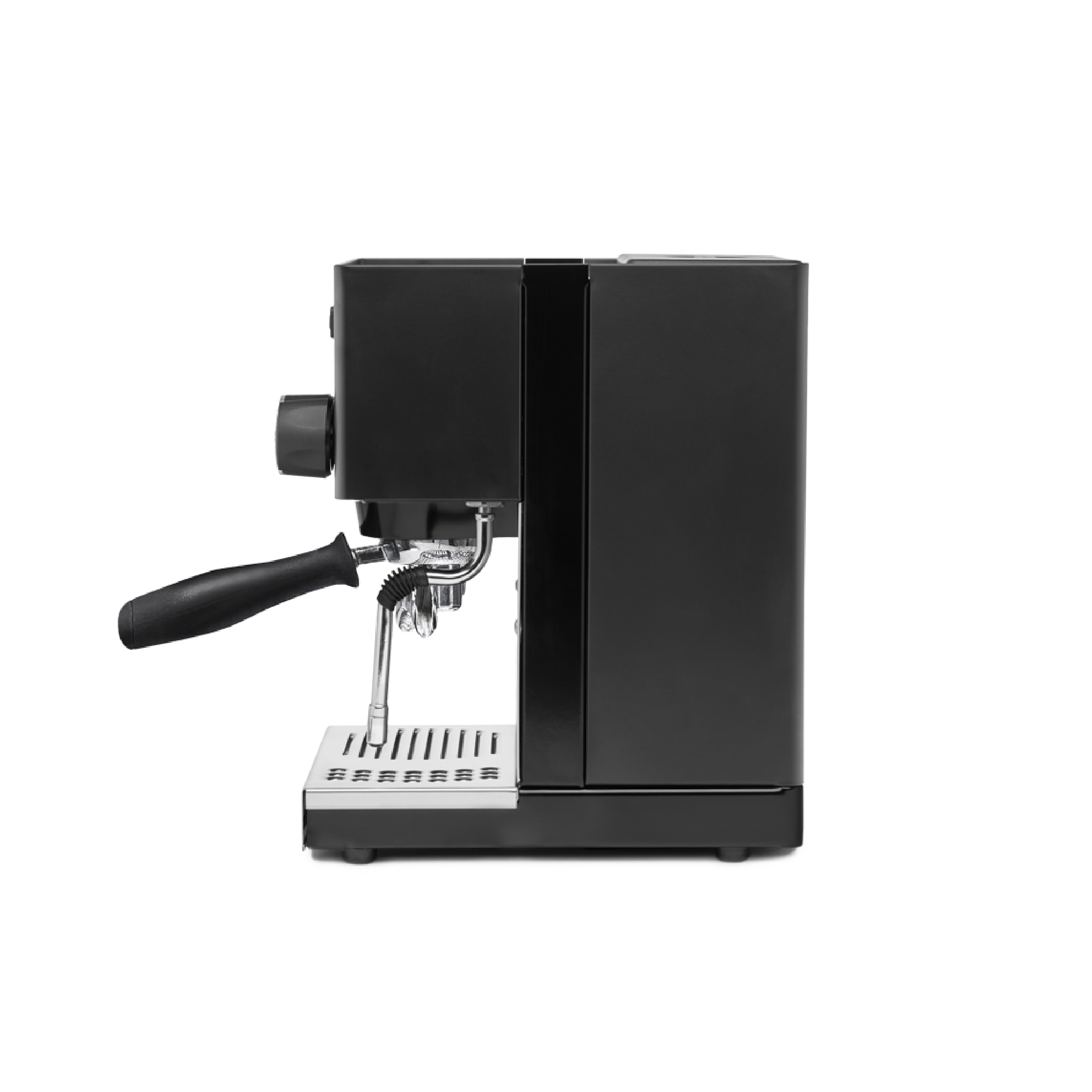 Rancilio Silvia V6 2020 Edition Espresso Machine in black. Side view of the machine.