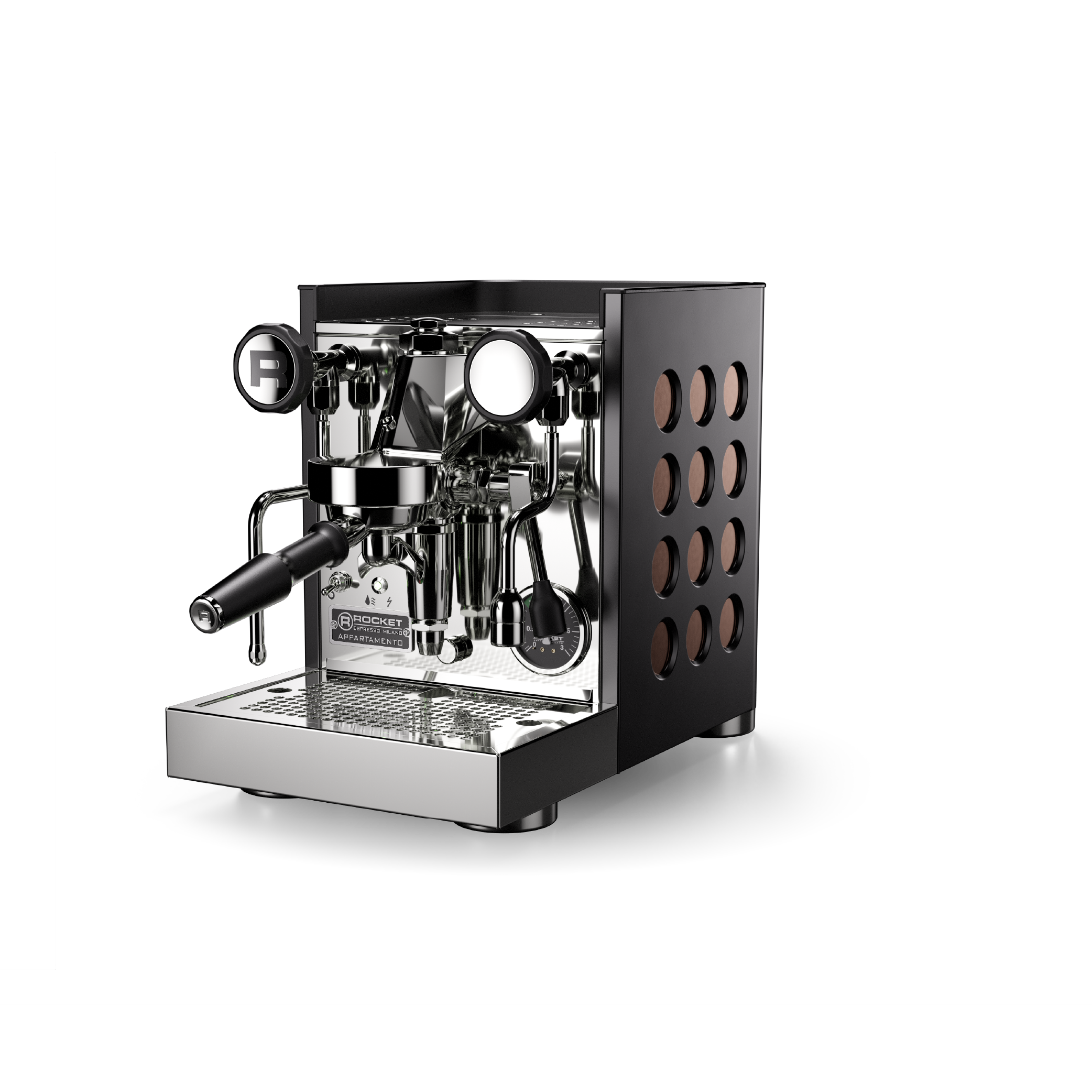 Rocket Appartamento TCA Espresso Machine in black with copper circular side panel. Front view of the machine.