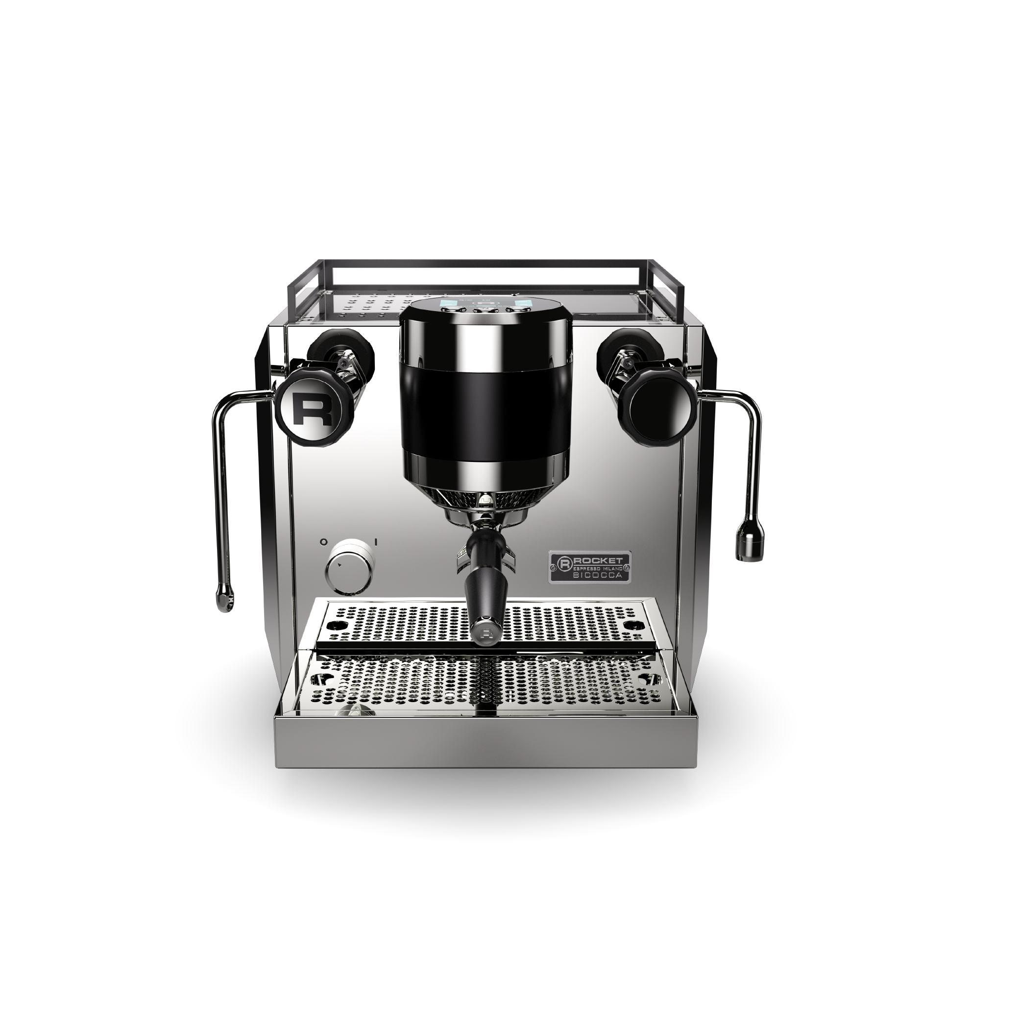 Rocket Biccoca Espresso Machine in stainless steel. Front view of the machine.