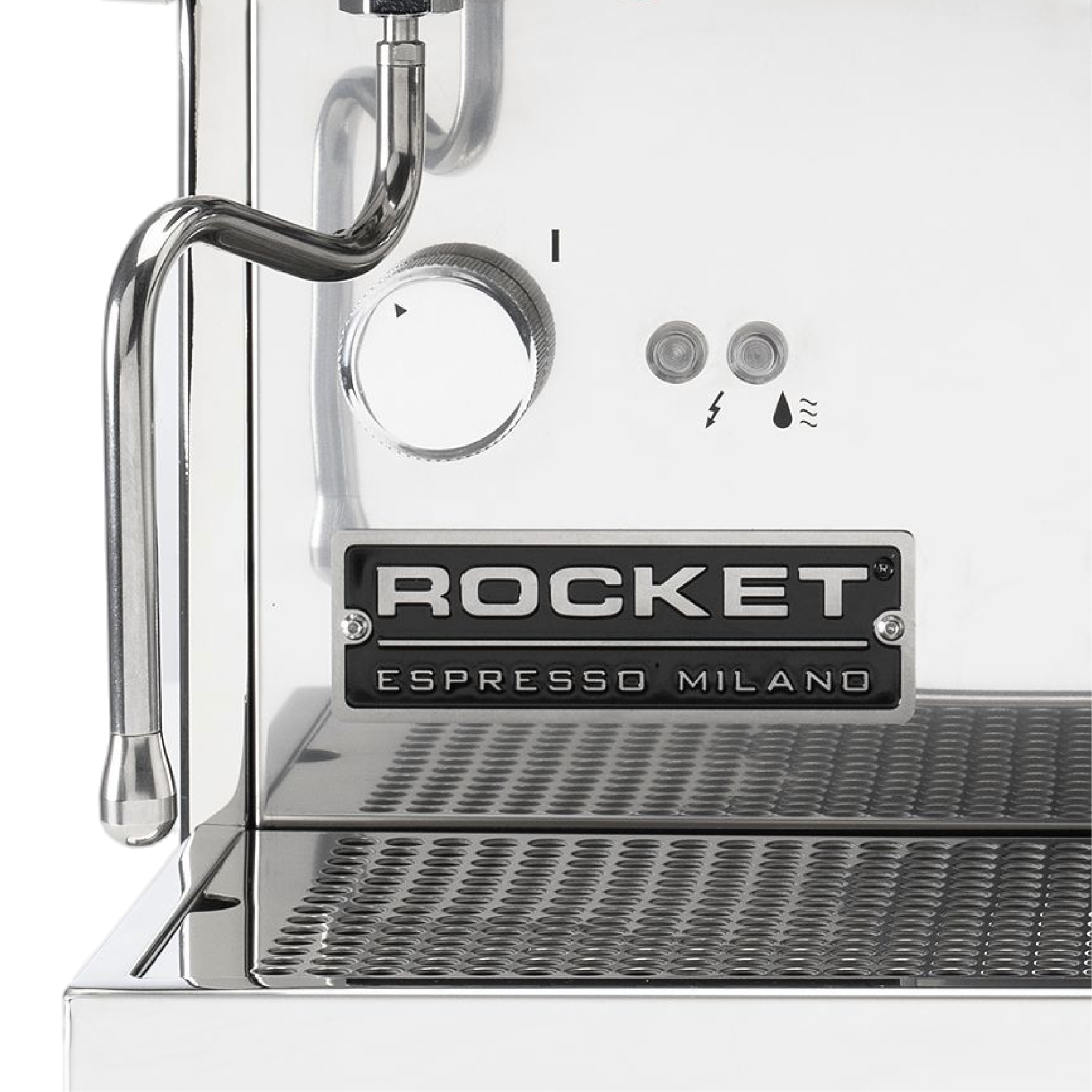 Rocket Espresso Boxer Tank Commercial Espresso Machine. Close up of the Rocket Milano Espresso nameplate, silver rotary power switch and indicator lights.