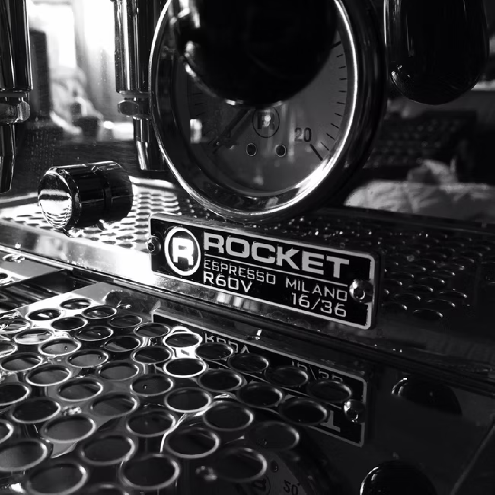 Rocket R60 V Espresso Machine. Close up of the Rocket Espresso Milano R60V nameplate.