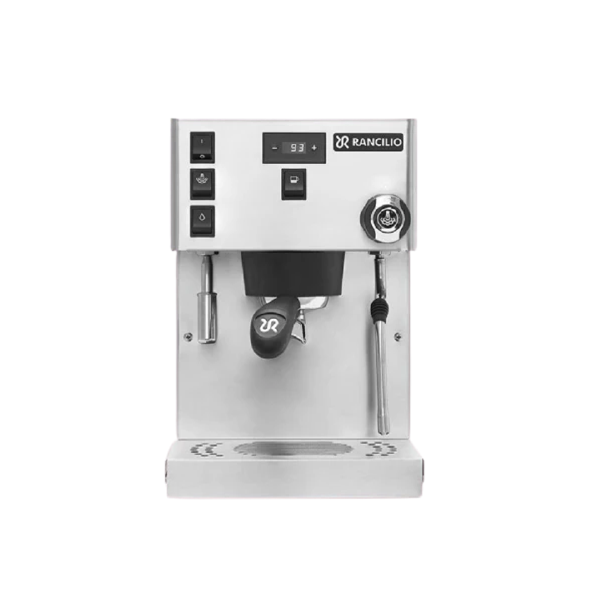 Rancilio Silvia Pro X Espresso Machine in stainless steel. Front view of the machine.