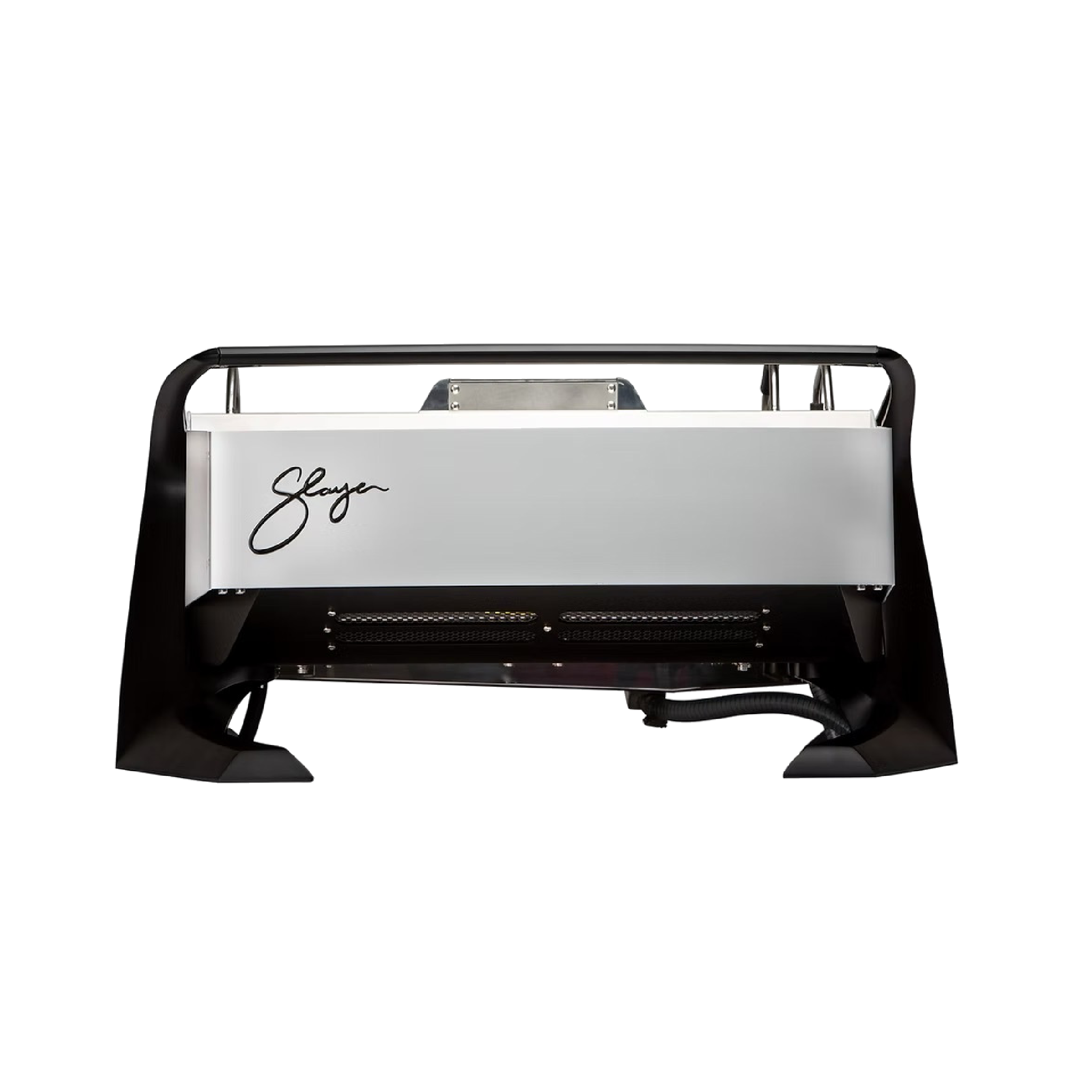 Slayer Steam EP Commercial Espresso Machine in anodized aluminium body and matte black wings. Back view of the machine.
