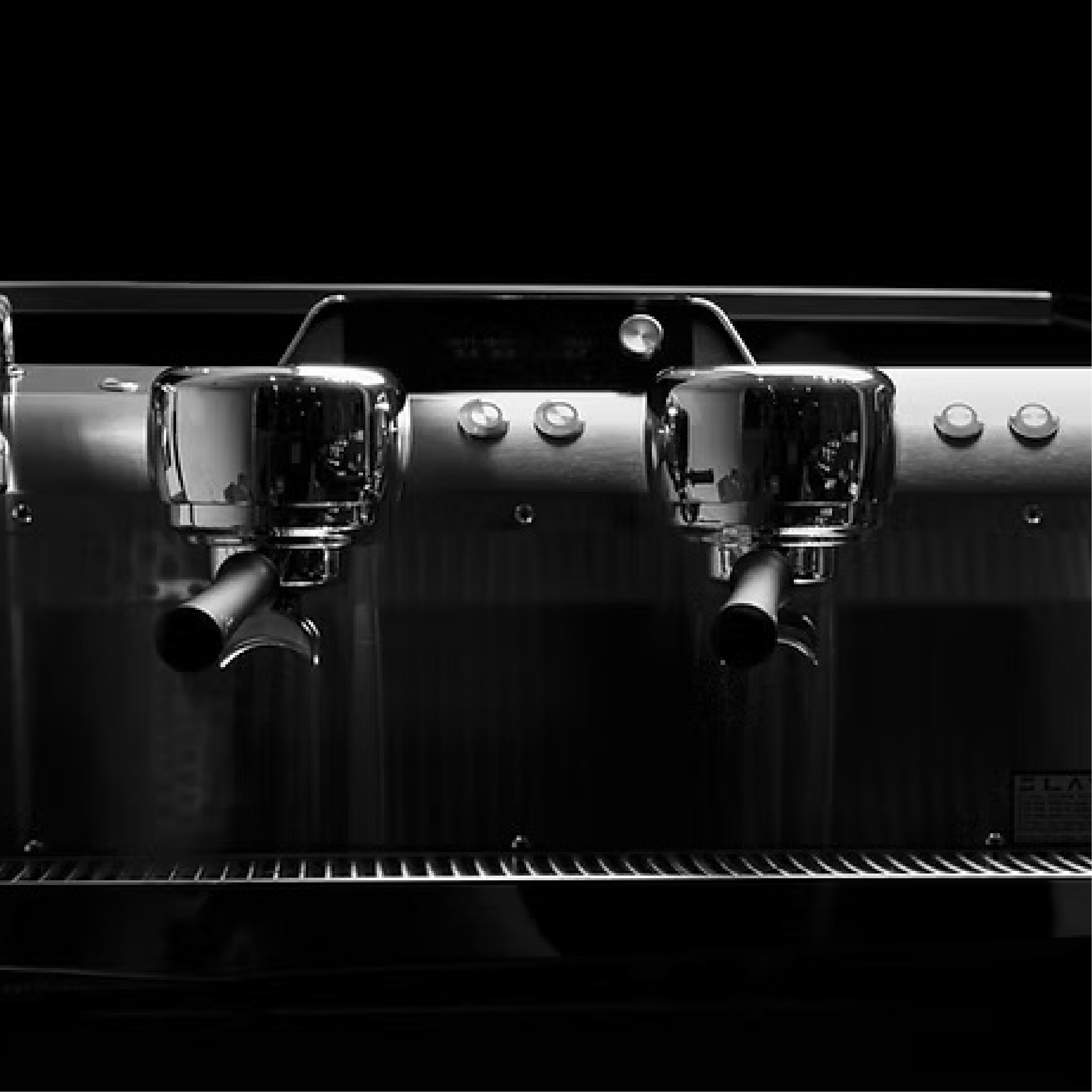 Slayer Steam EP Commercial Espresso Machine 2 grouphead. Close up front view of the machine.
