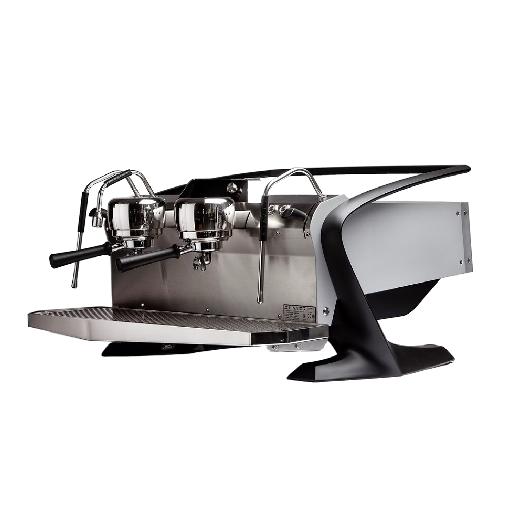 Slayer Steam EP Commercial Espresso Machine in anodized aluminium body and matte black wings. Front view of the machine.