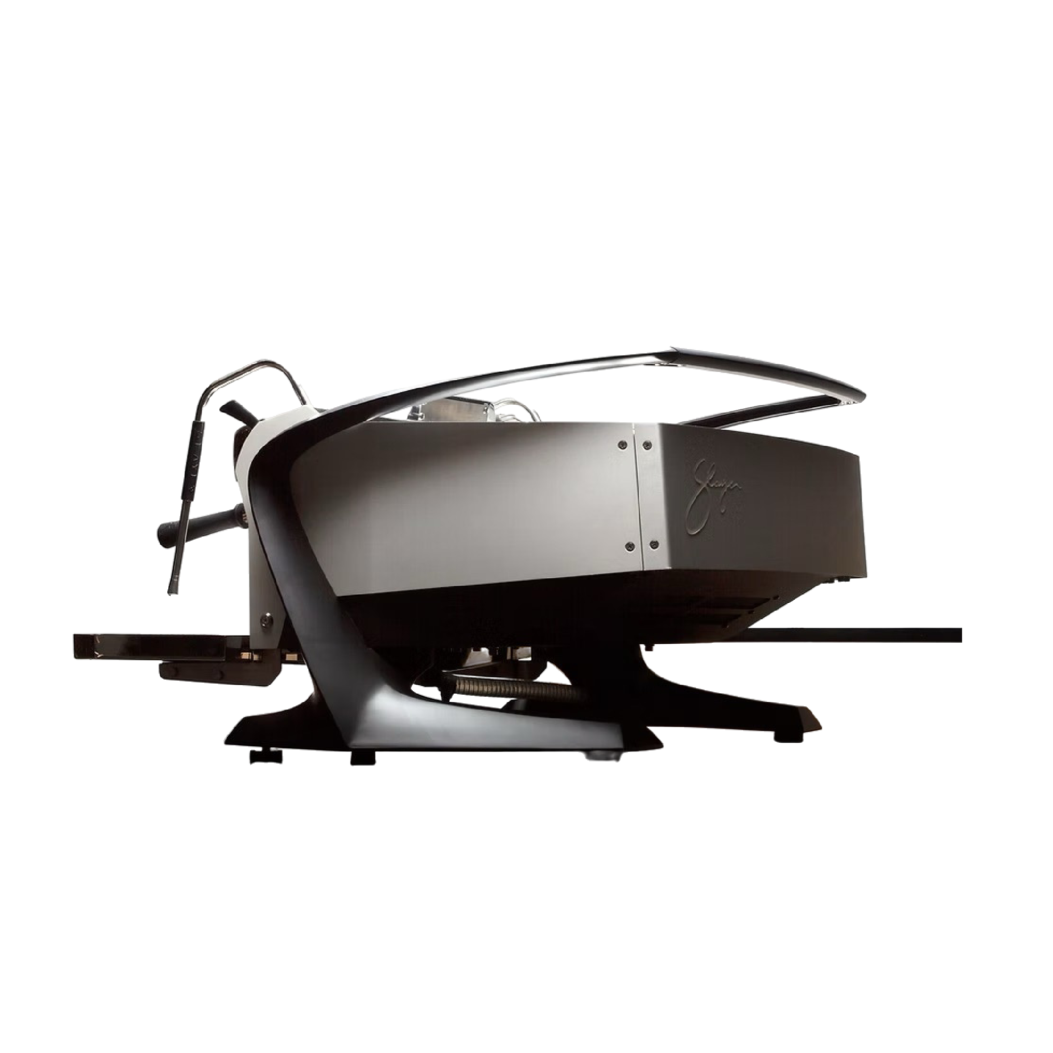 Slayer Steam EP Commercial Espresso Machine in anodized aluminium body and matte black wings. Side view of the machine.