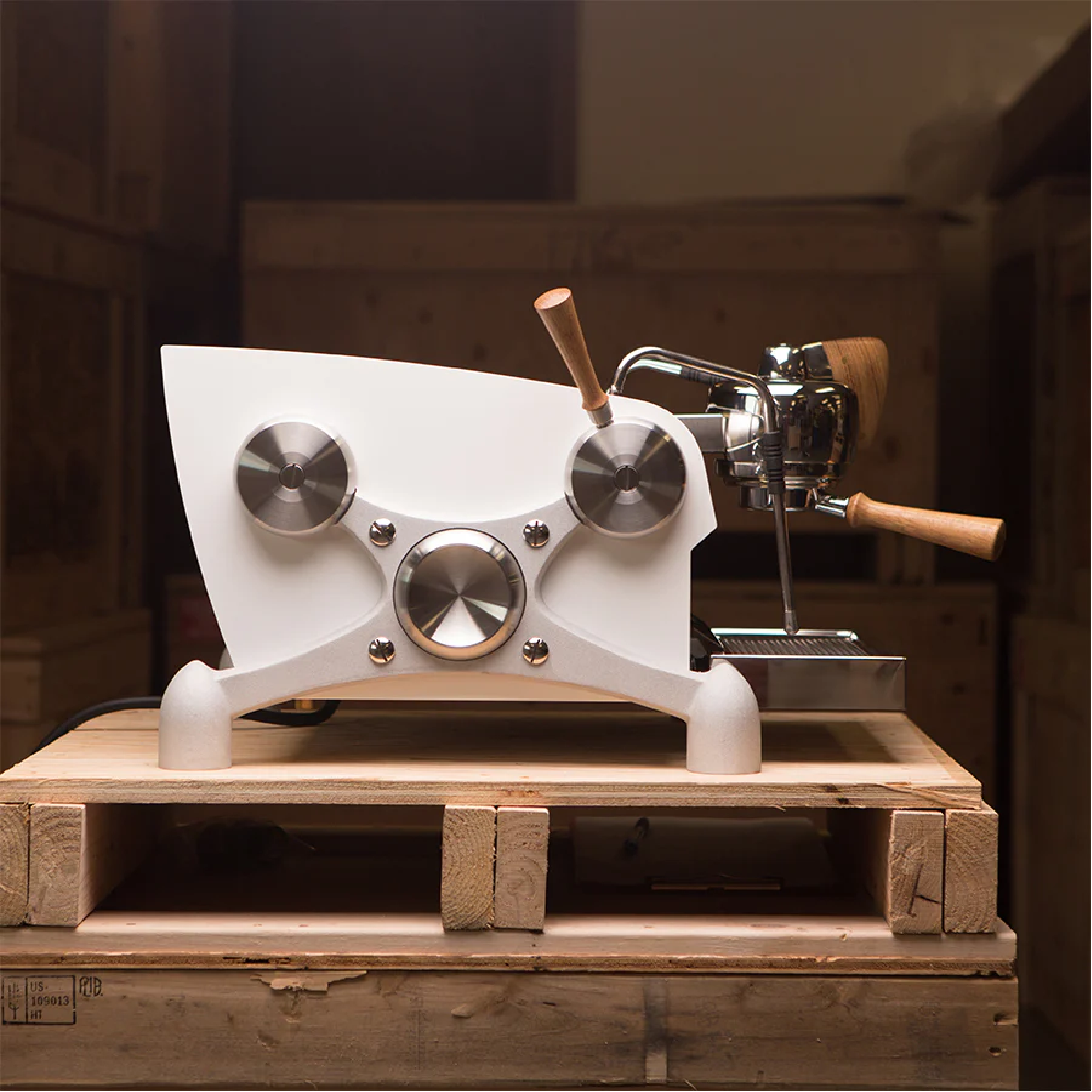 Slayer Espresso Single Group Espresso Machine with matte white side panel. Side view of the machine.