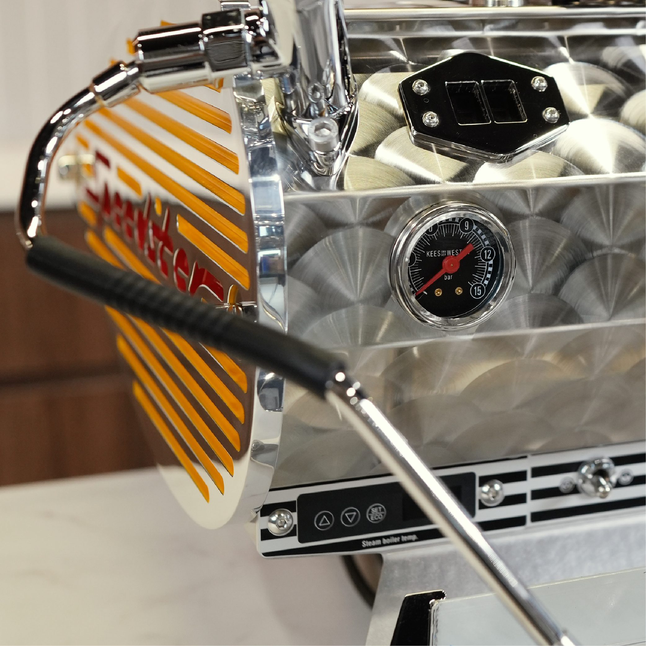 Kees Van Der Westen Speedster. Close up of the brew pressure gauge, PID controller and steamwand.