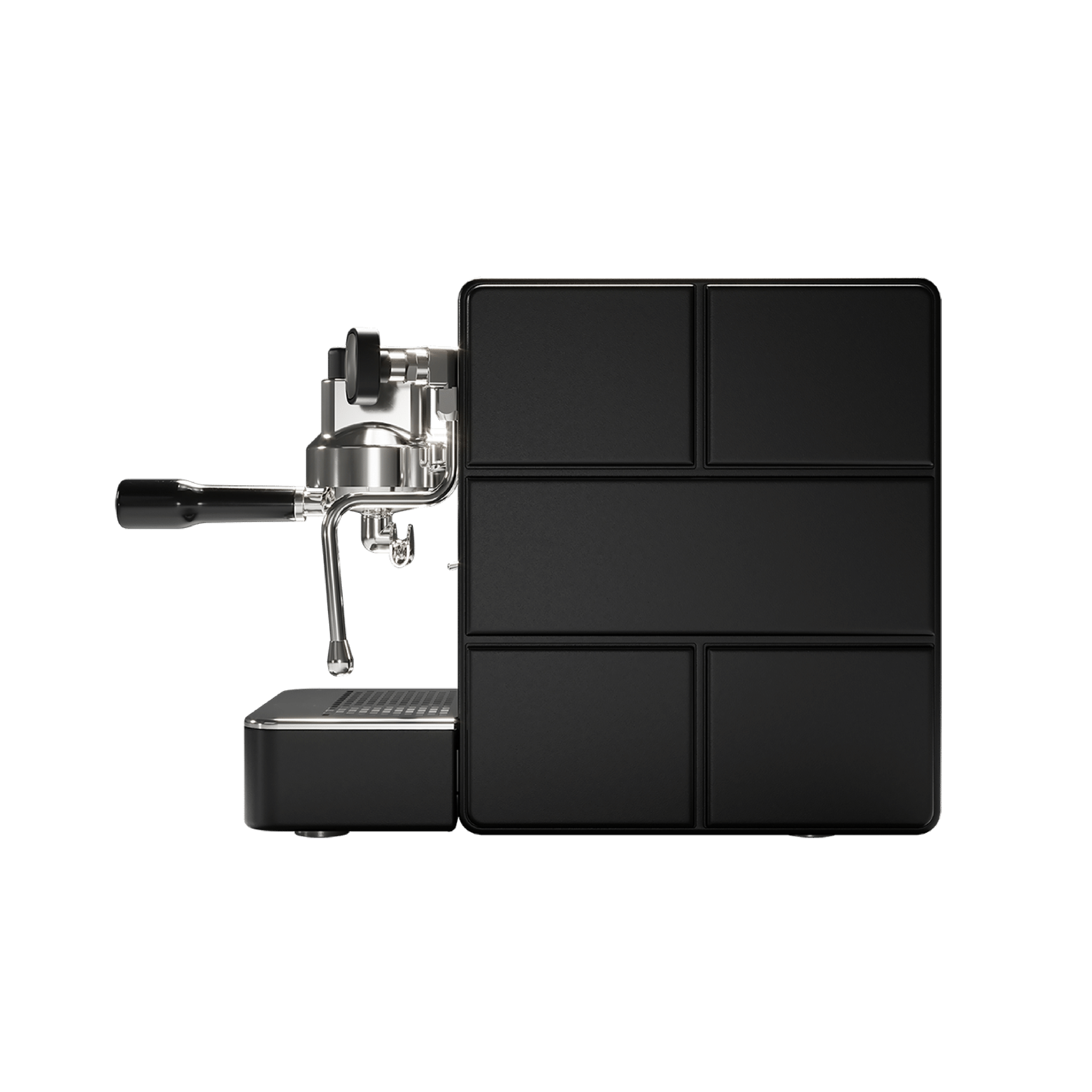 Stone Espresso Machine in plus black. Side view of the machine.
