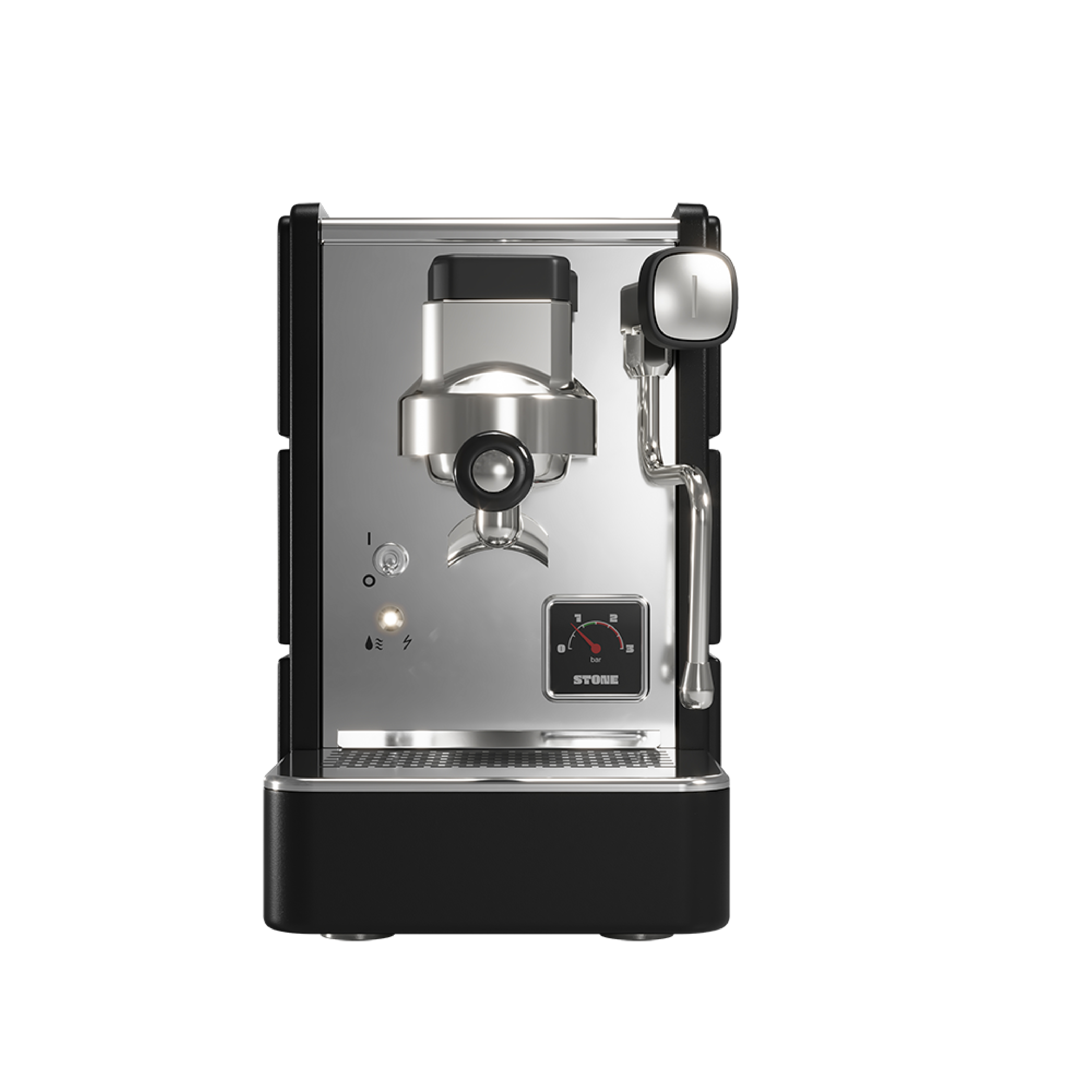 Stone Espresso Machine in plus black. Front view of the machine.