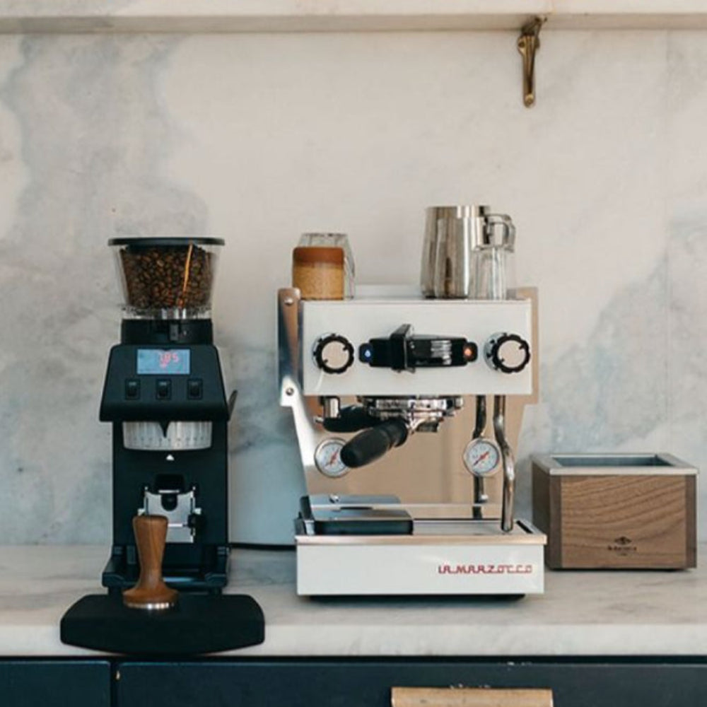 La Marzocco Linea Micra Espresso Machine in white. Front view of the machine.