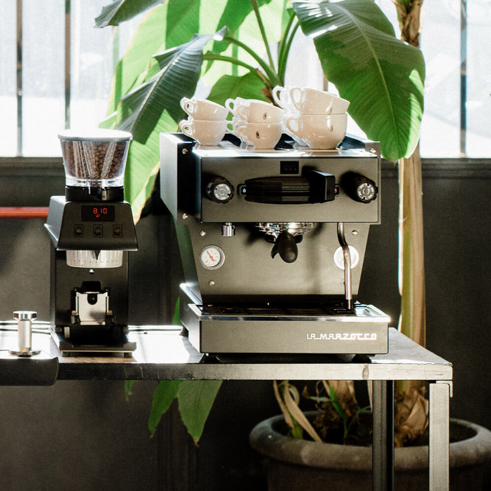 La Marzocco Linea Mini Espresso Machine. Front view of the machine in matte black.