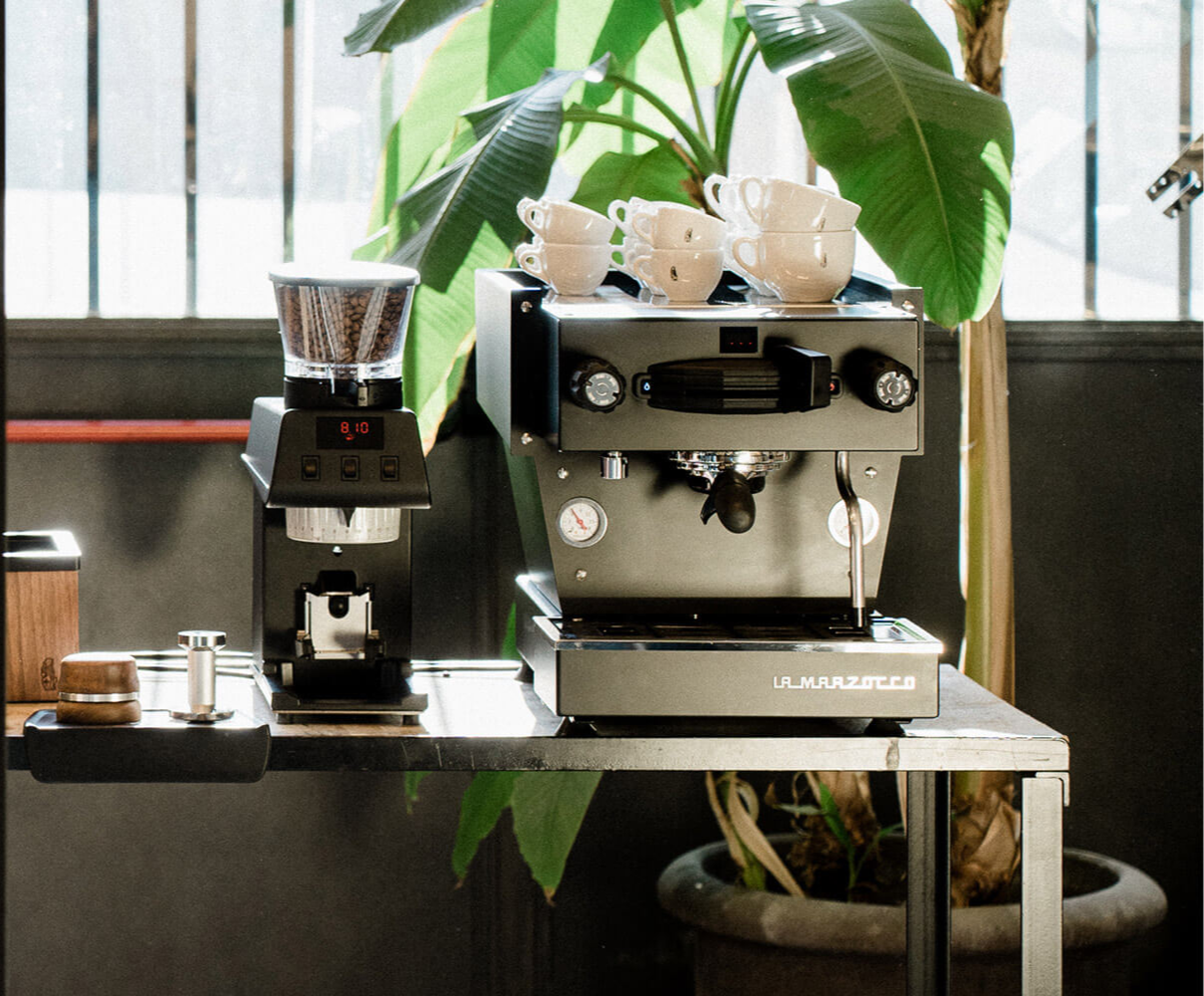 La Marzocco Linea Mini Espresso Machine. Front view of the machine in matte black.