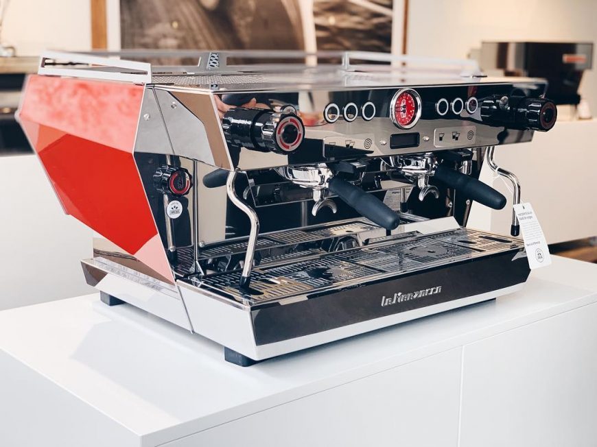 La Marzocco KB90 Commercial Espresso Machine 2 grouphead. front view of the machine.