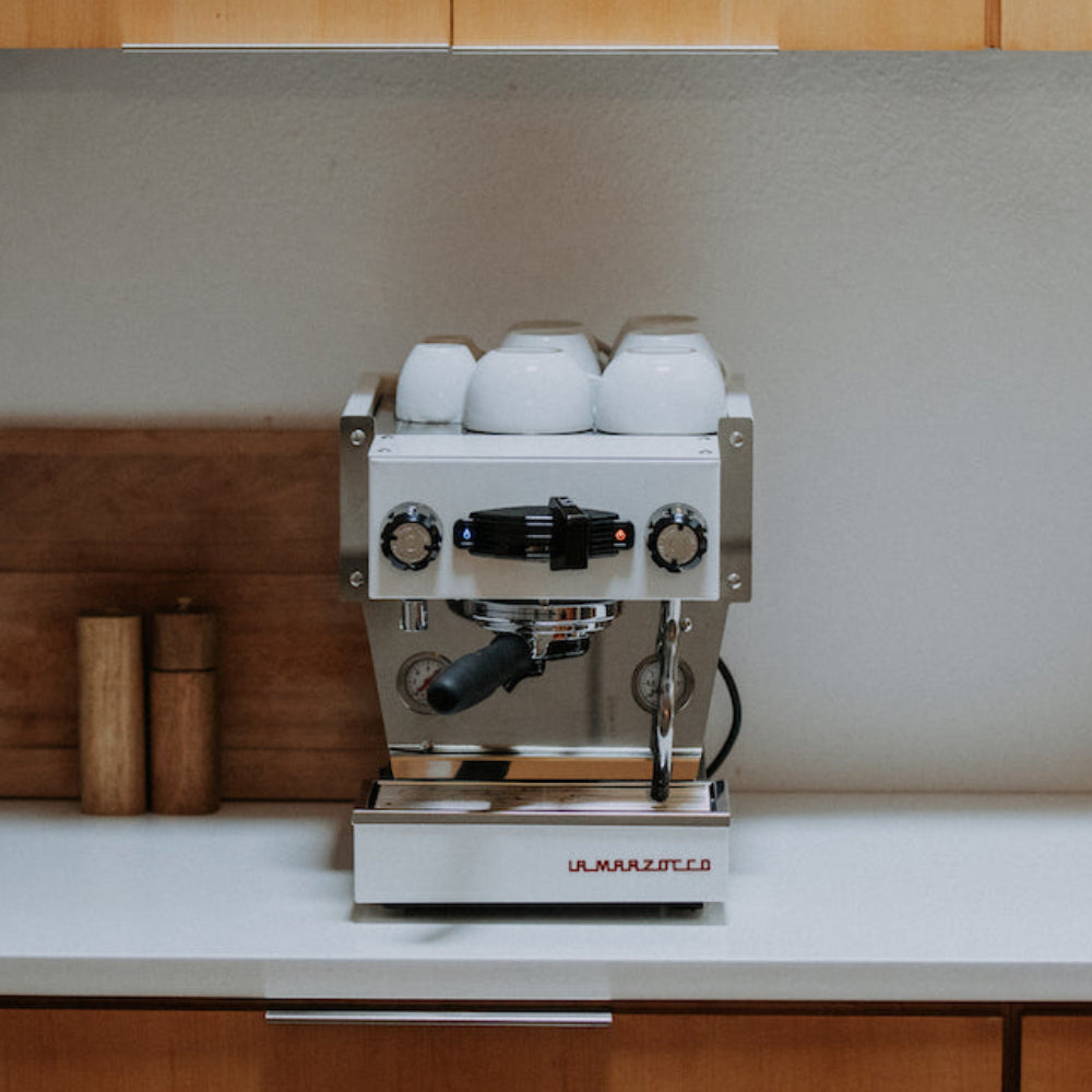 La Marzocco Linea Micra Espresso Machine in satin silver. Front view of the machine.
