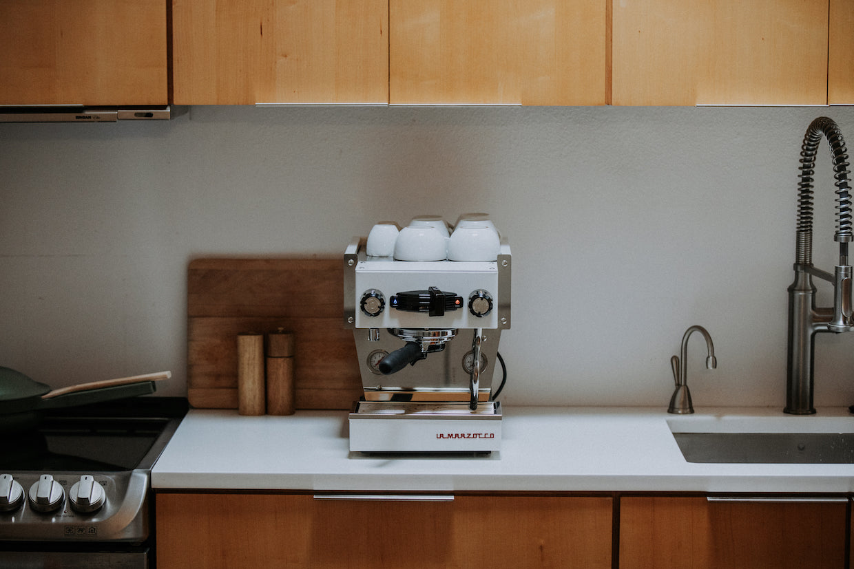 La Marzocco Linea Micra Espresso Machine in satin silver. Front view of the machine.