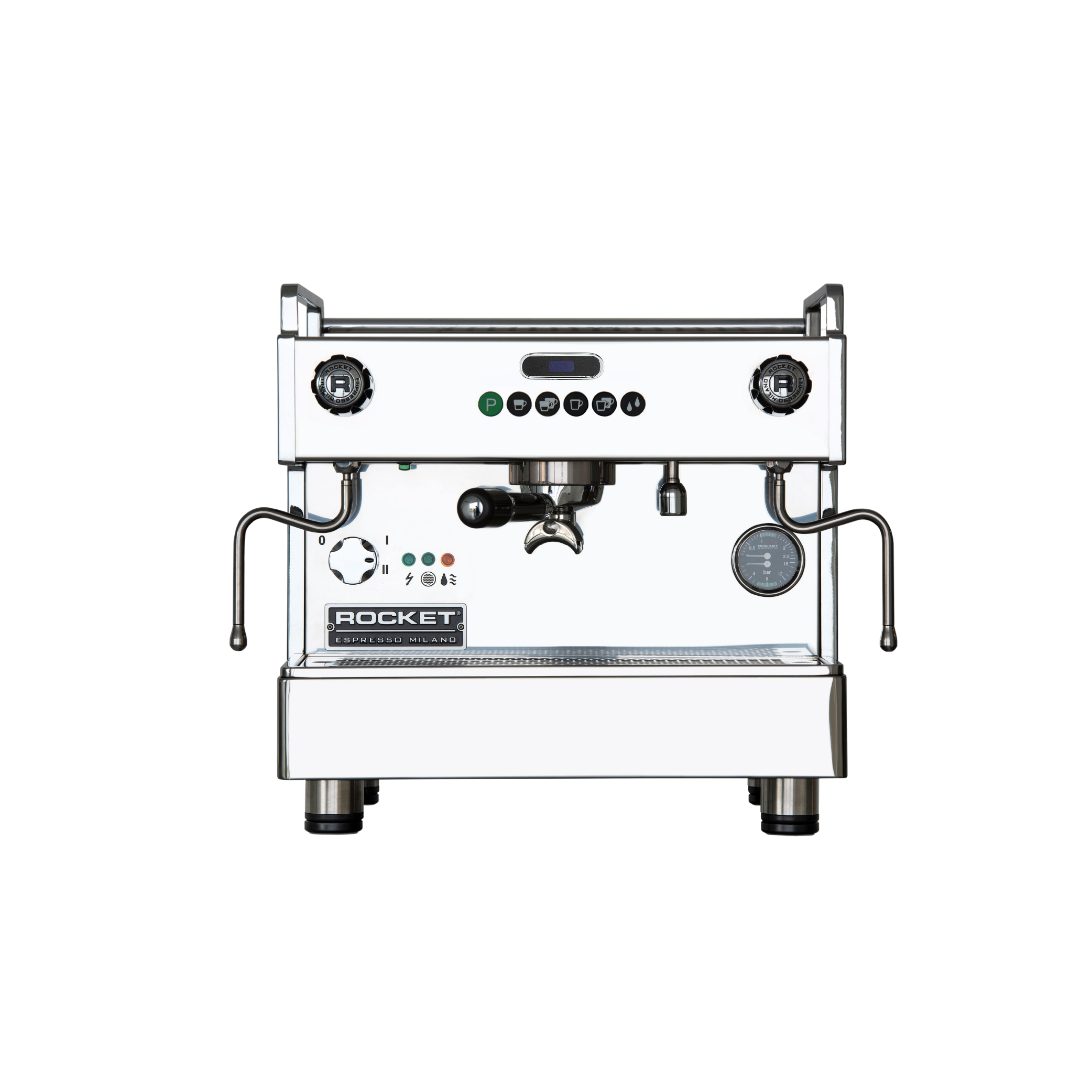 Rocket Espresso Boxer Timer Commercial Espresso Machine 1 grouphead. Front view of the machine.