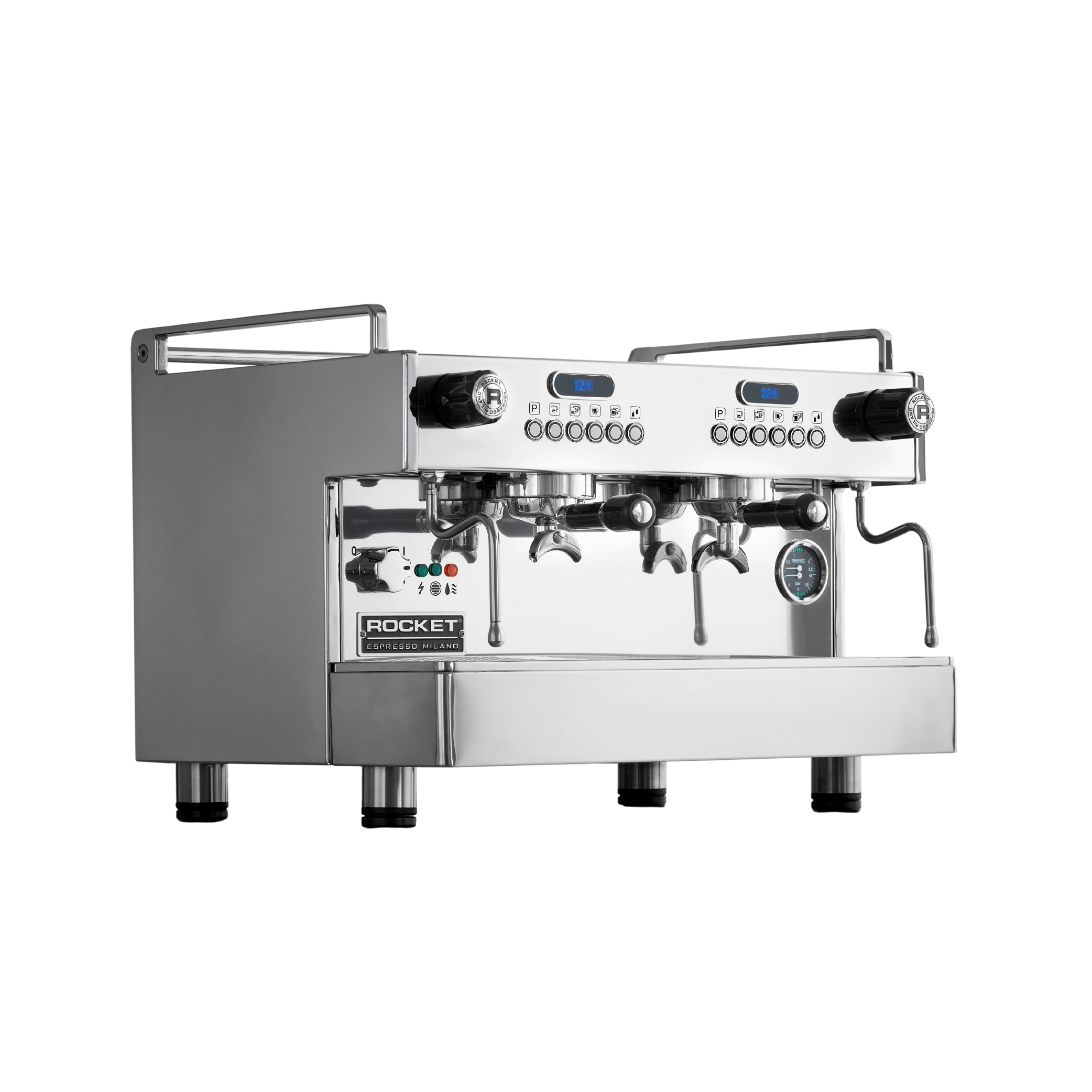 Rocket Espresso Boxer Timer Commercial Espresso Machine 2 grouphead. Front view of the machine.