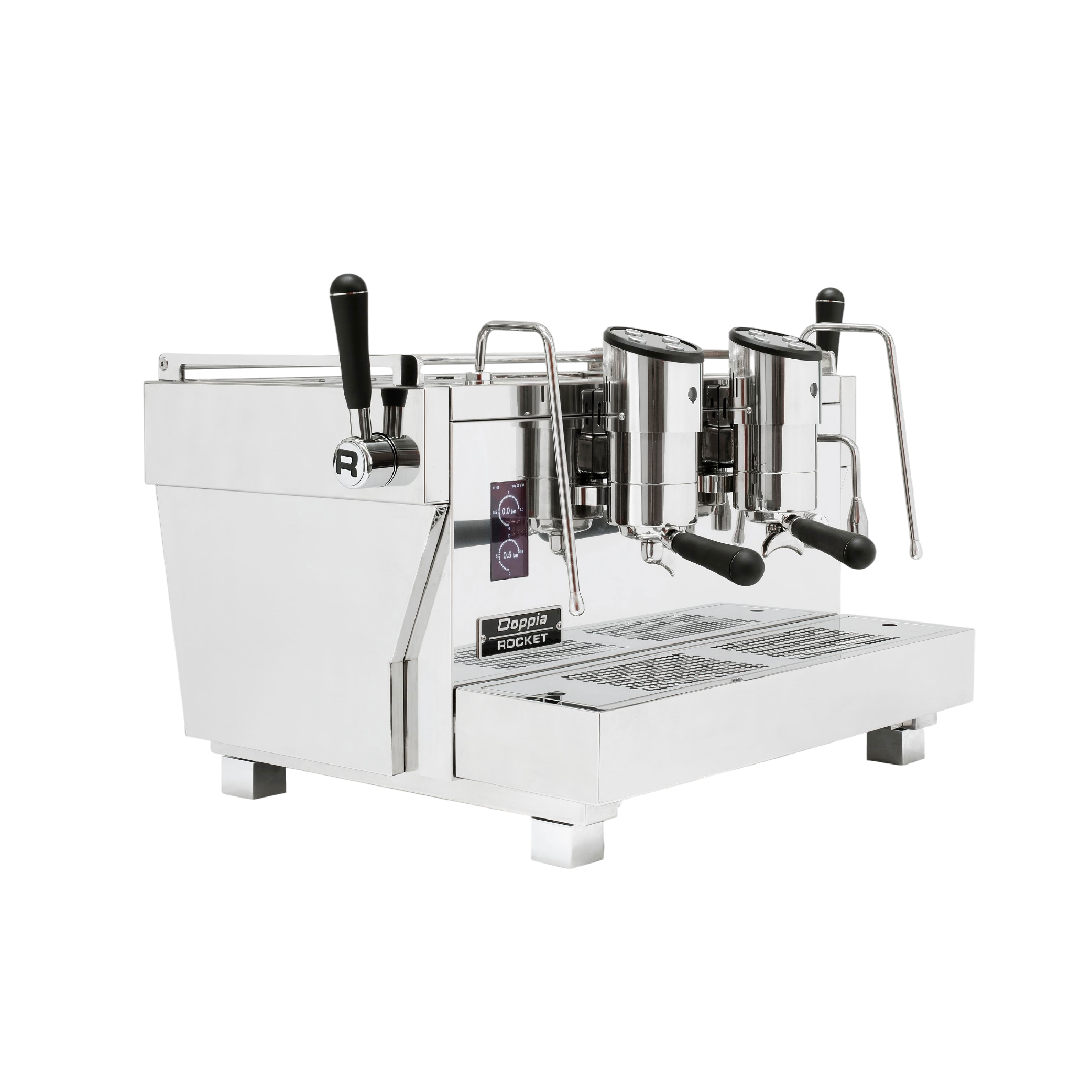 Rocket Espresso Doppia Commercial Espresso Machine 2 grouphead. Front view of the machine.