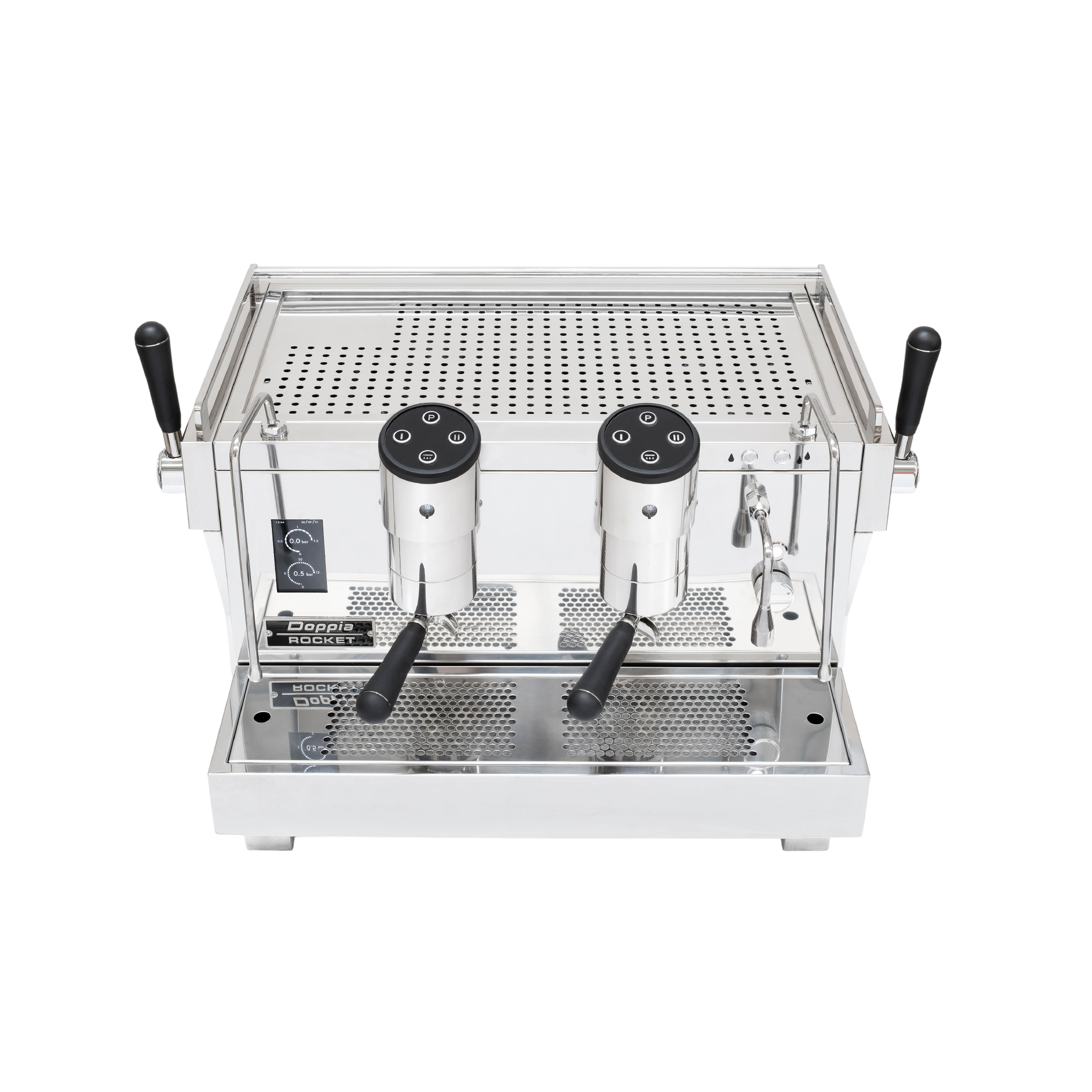 Rocket Espresso Doppia Commercial Espresso Machine 2 grouphead. Front top view of the machine.