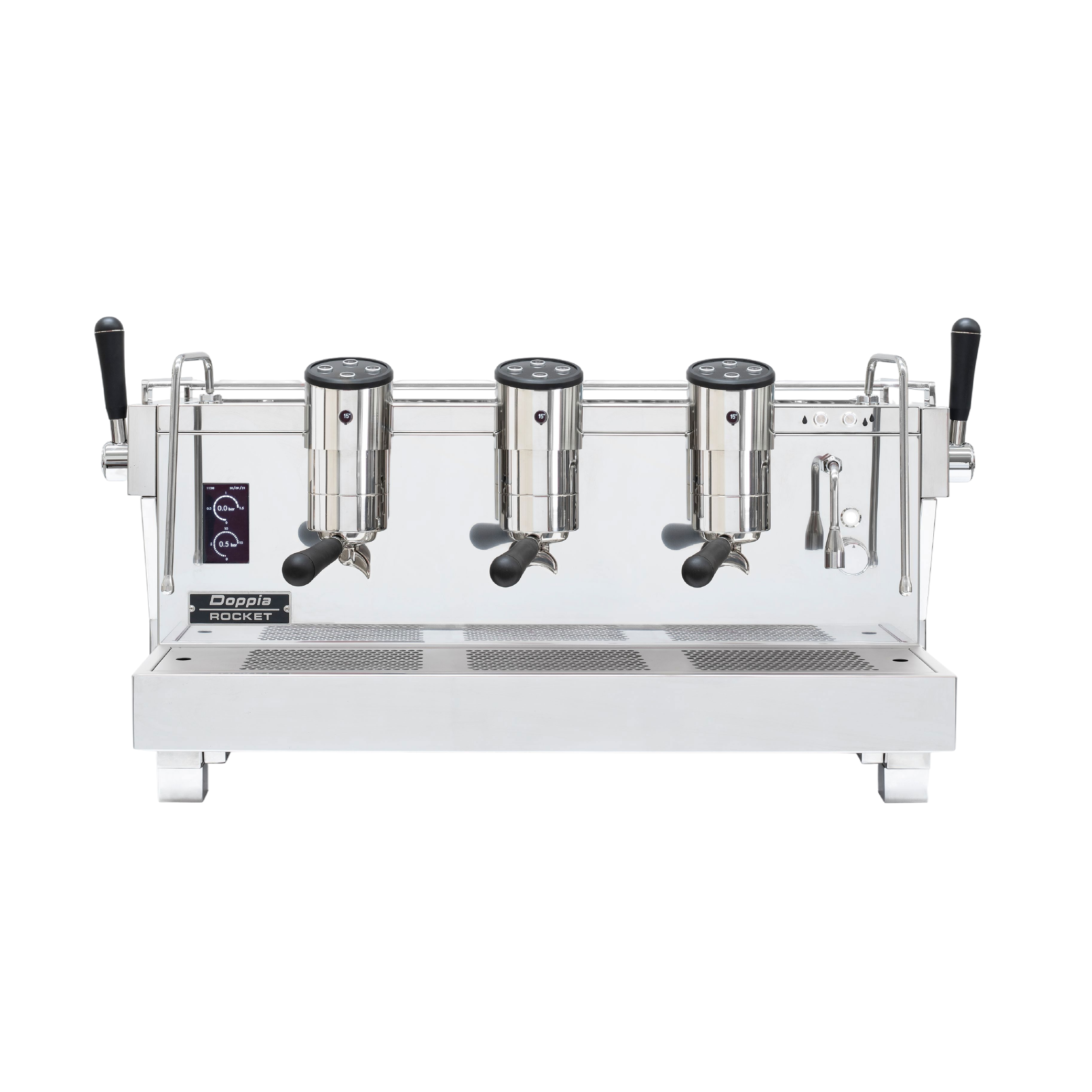 Rocket Espresso Doppia Commercial Espresso Machine 3 grouphead. Front view of the machine.