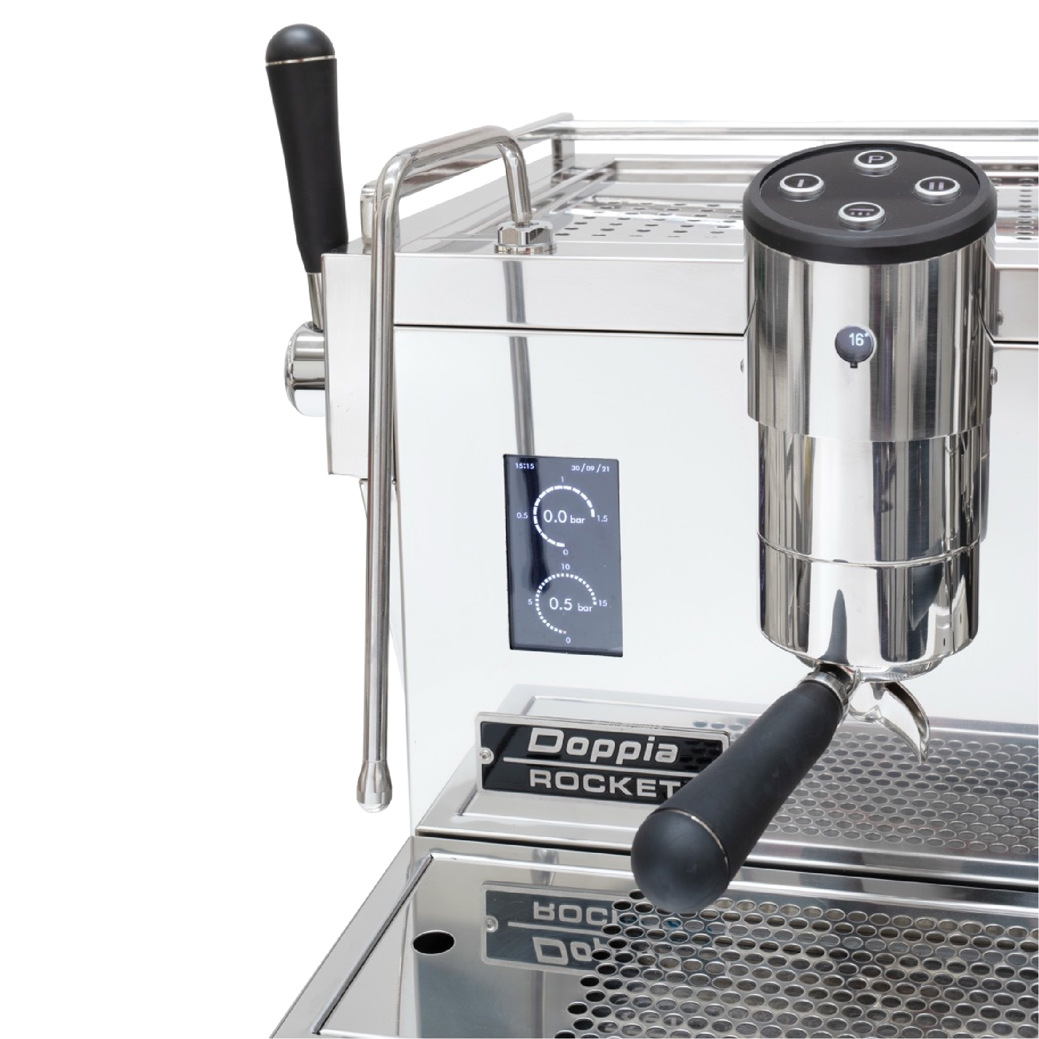 Rocket Espresso Doppia Commercial Espresso Machine. Close up of the saturated groupead, control buttons, steamwand and digital PID display.