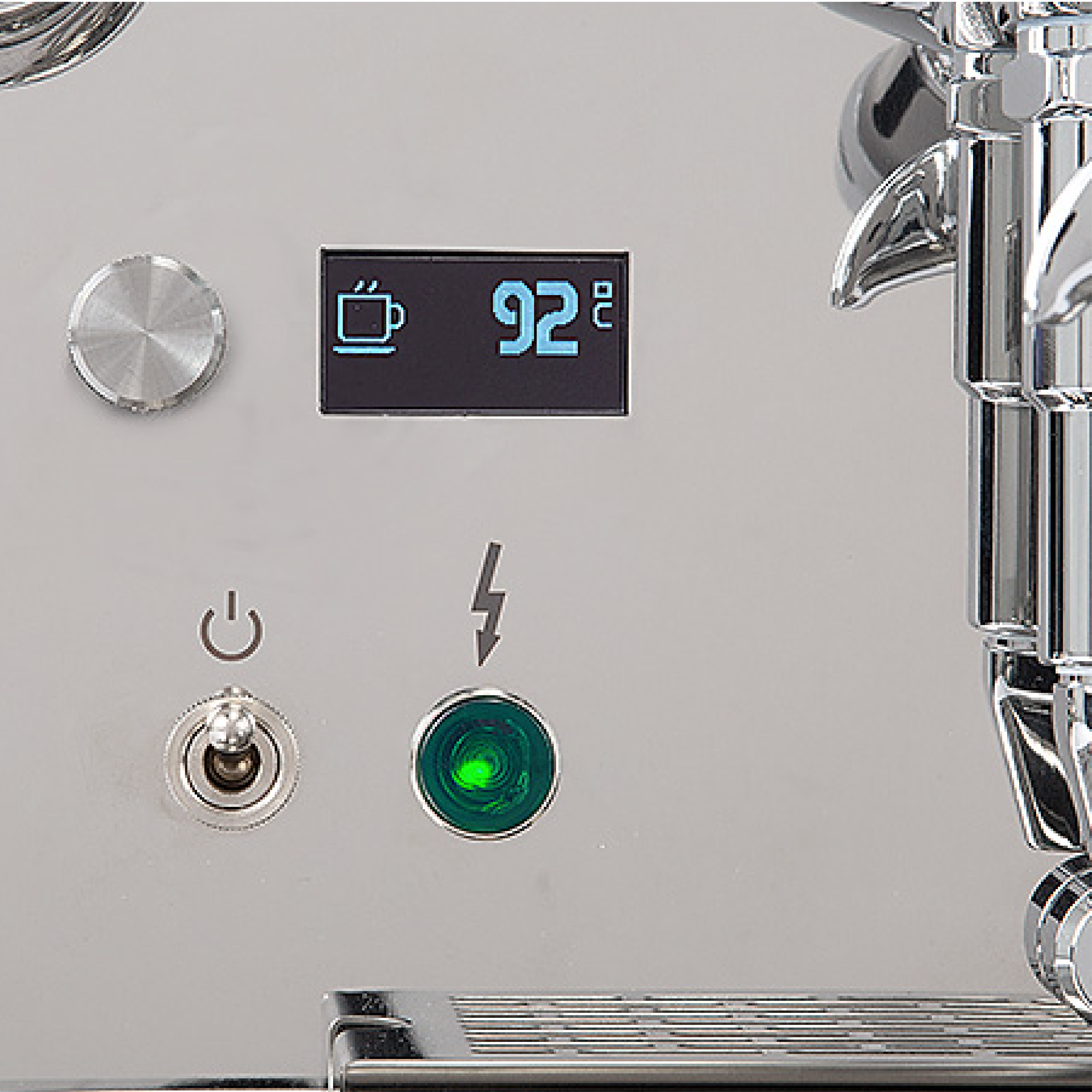 ECM Synchronika II Espresso Machine. Close-up of the PID display showing brew temperature at 92c.