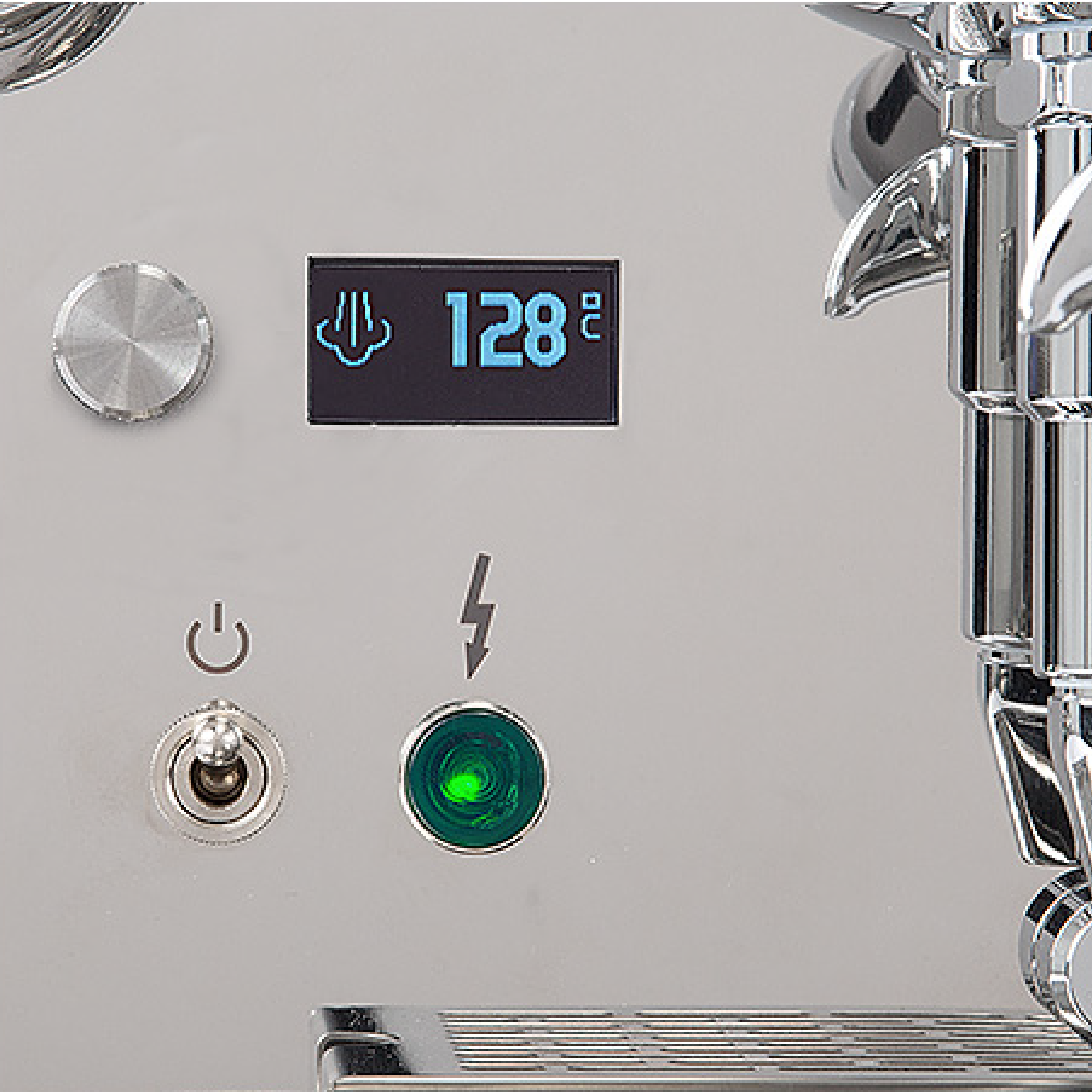 ECM Synchronika II Espresso Machine. Close-up of the PID display showing steam temperature at 128c.