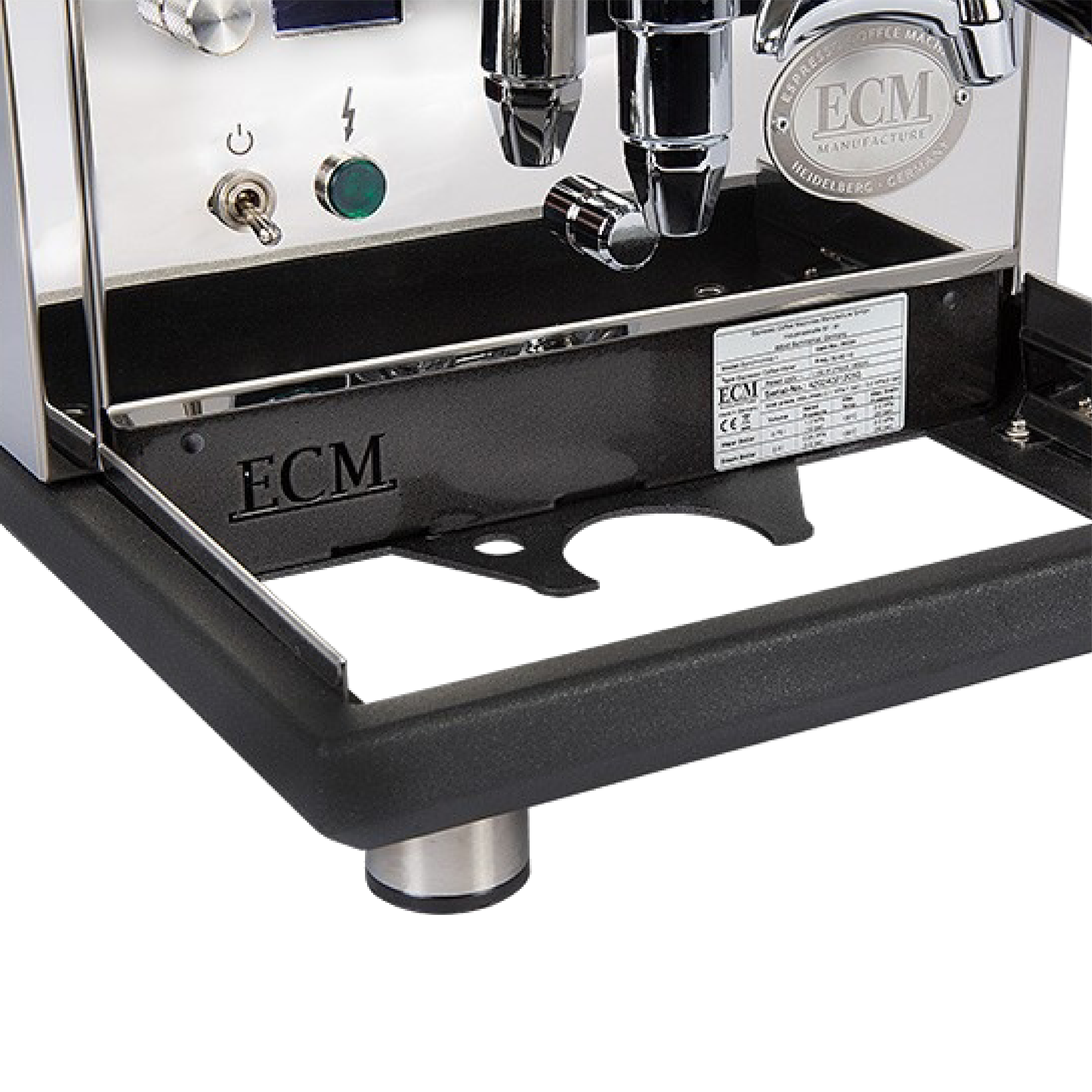 ECM Synchronika II Espresso Machine. Close-up of the removable drip try and base of the machine.