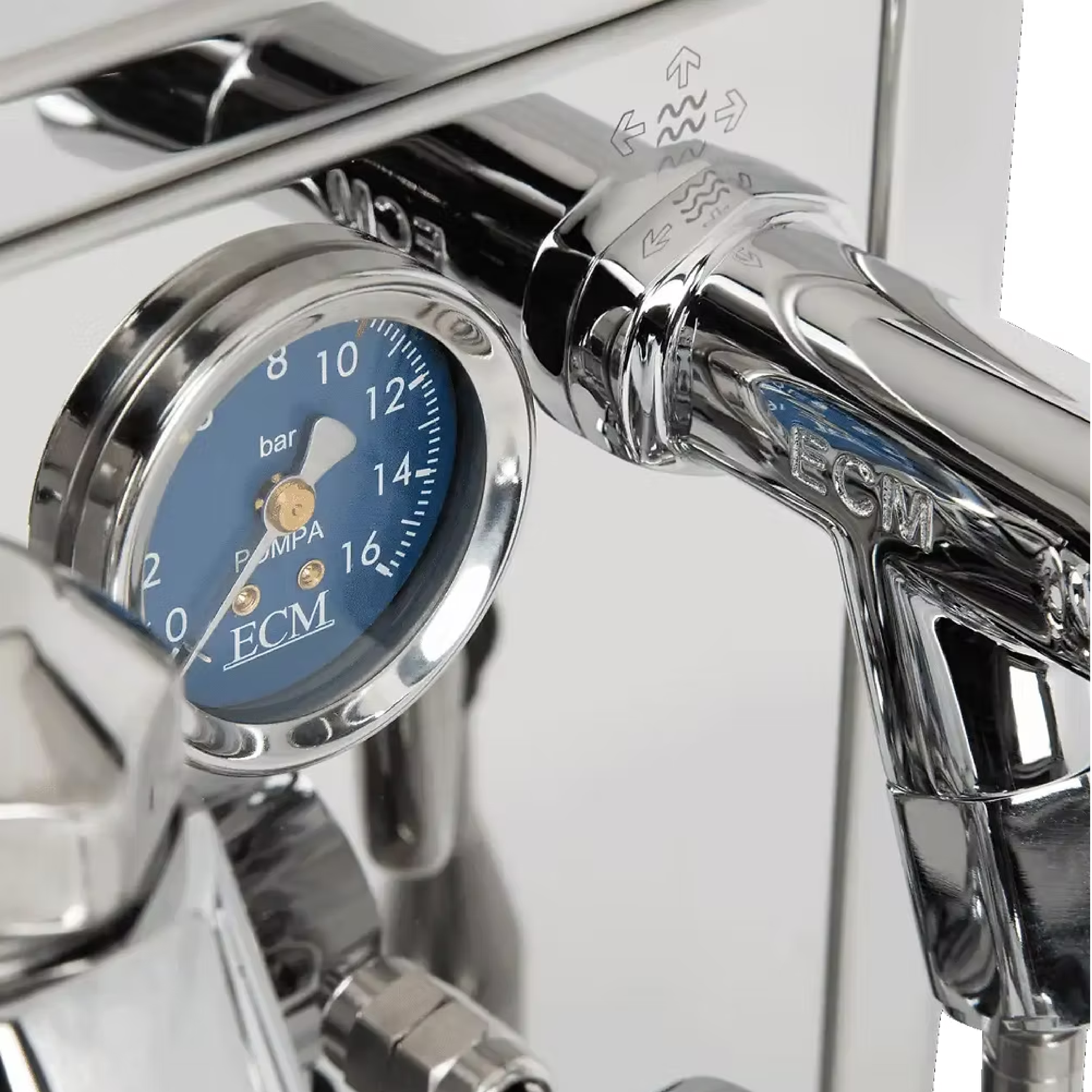 ECM Technika VI Dual Boiler Espresso Machine. Close-up of blue pump gauge.