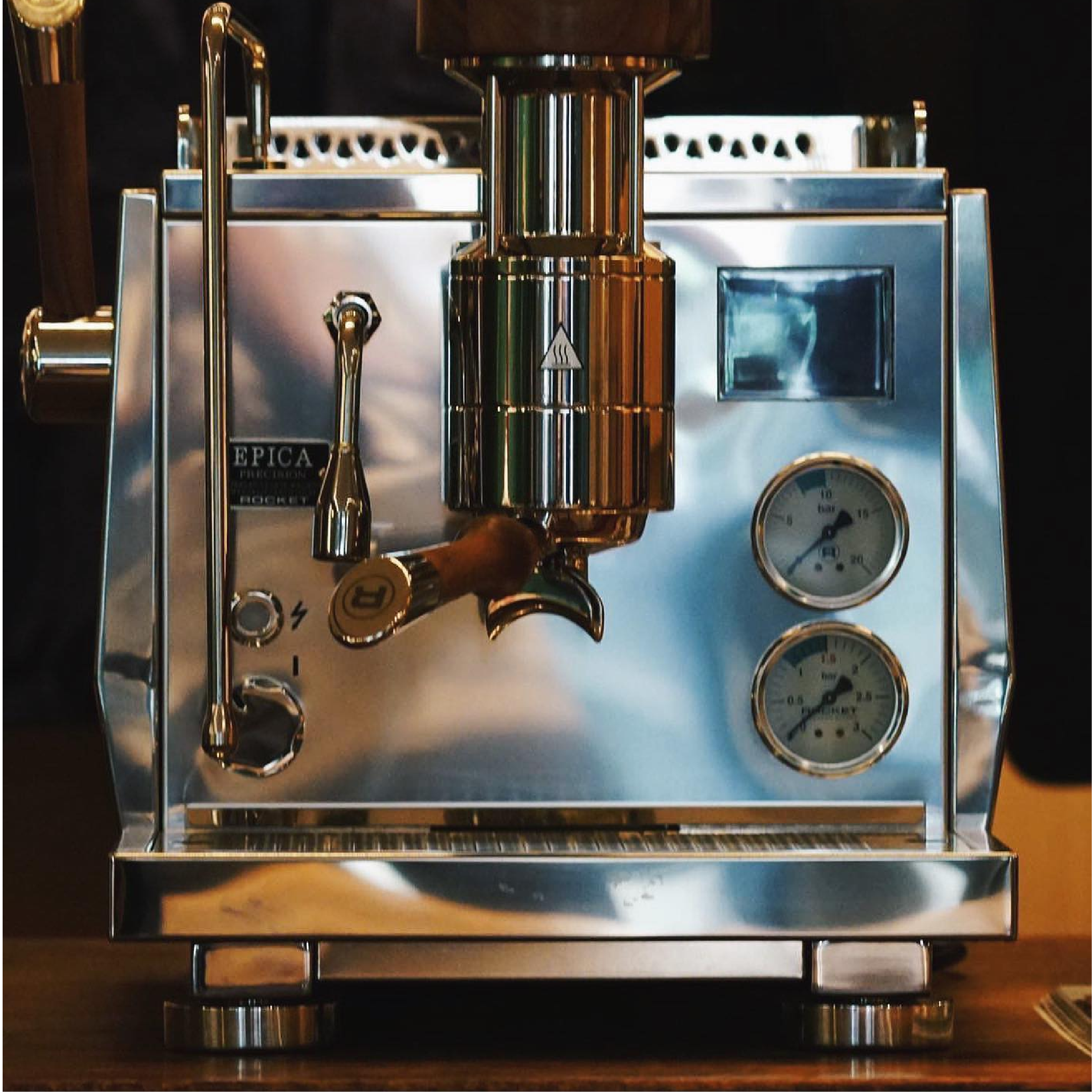 Rocket Espresso EPICA. Close up of the saturated grouphead, pressure gauges and PID digital display. 