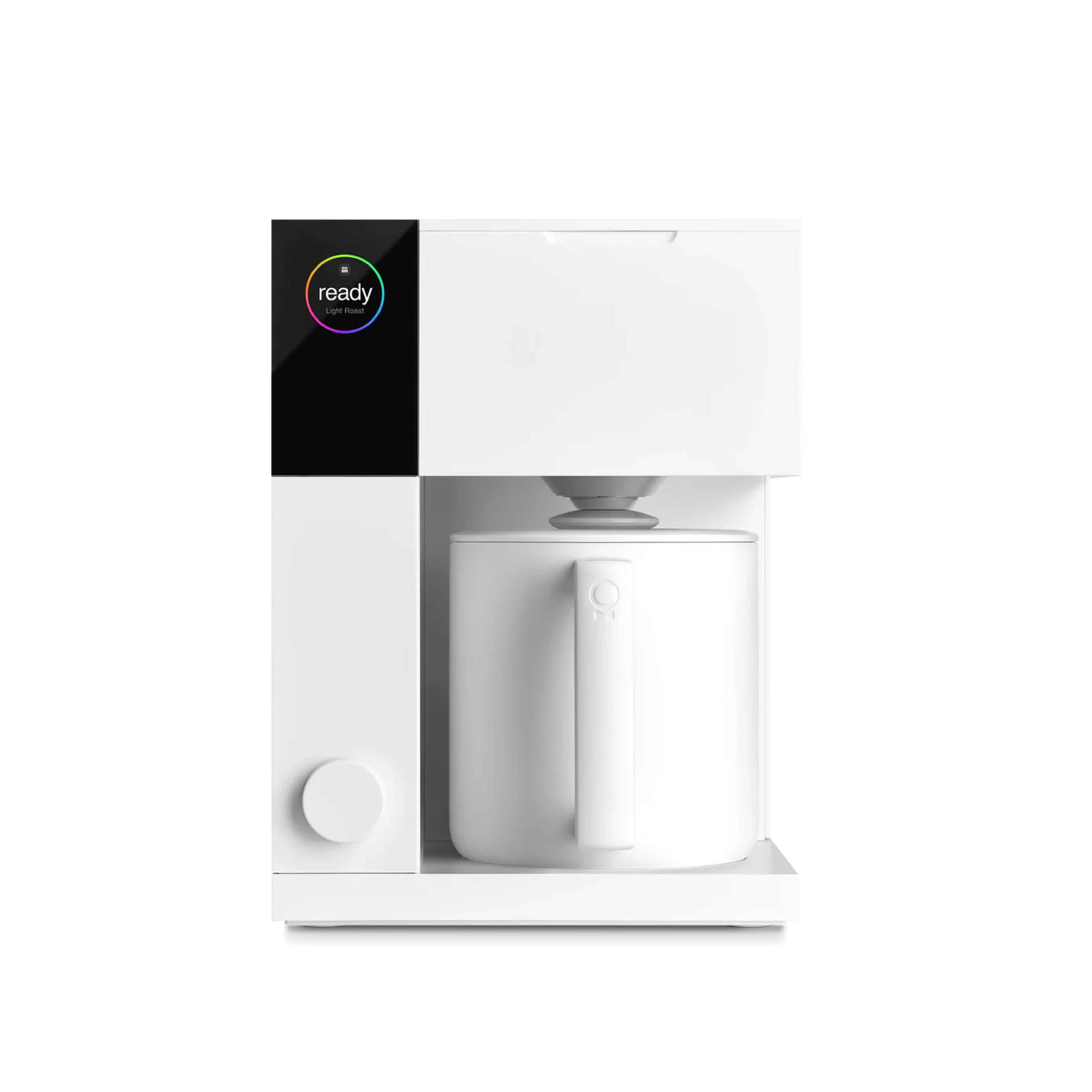 Fellow Aiden Precision Coffee Maker in matte white with thermal carafe. Front view of the machine.