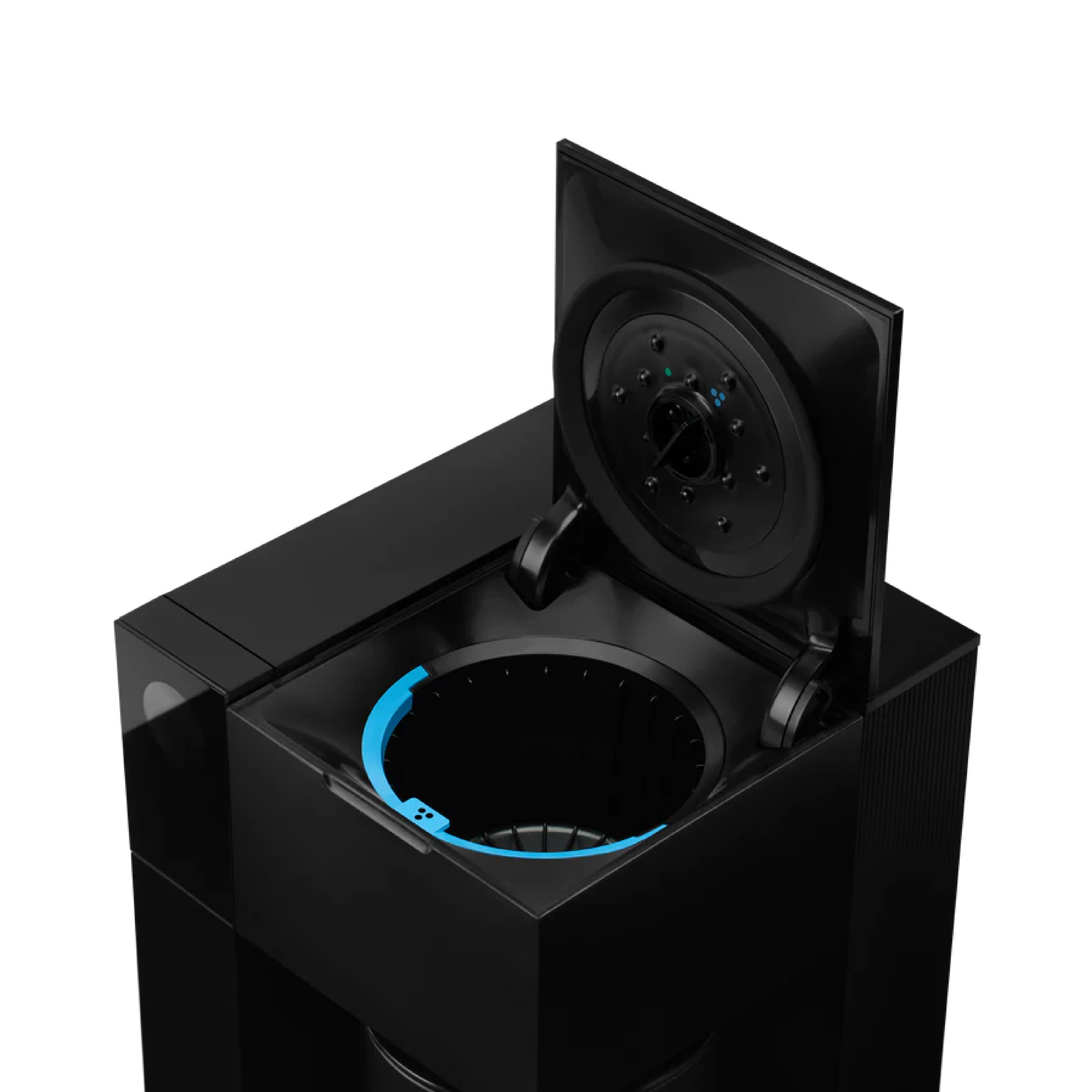 Fellow Aiden Precision Coffee Maker in matte black. Top down view of open lid showing the showerhead and brew basket.