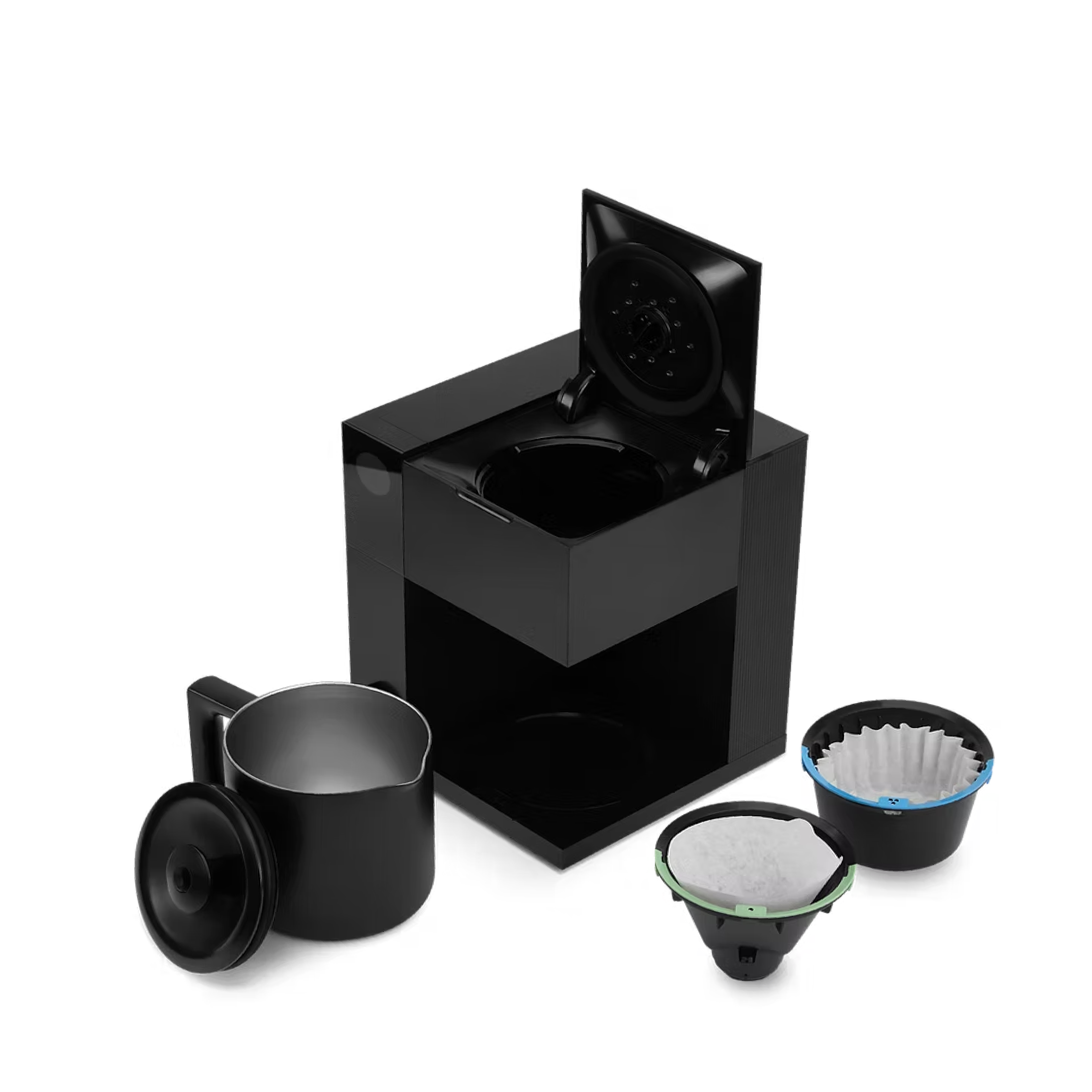 Fellow Aiden Precision Coffee Maker in matte black with thermal carafe, single-serve filter, and batch-brew basket.