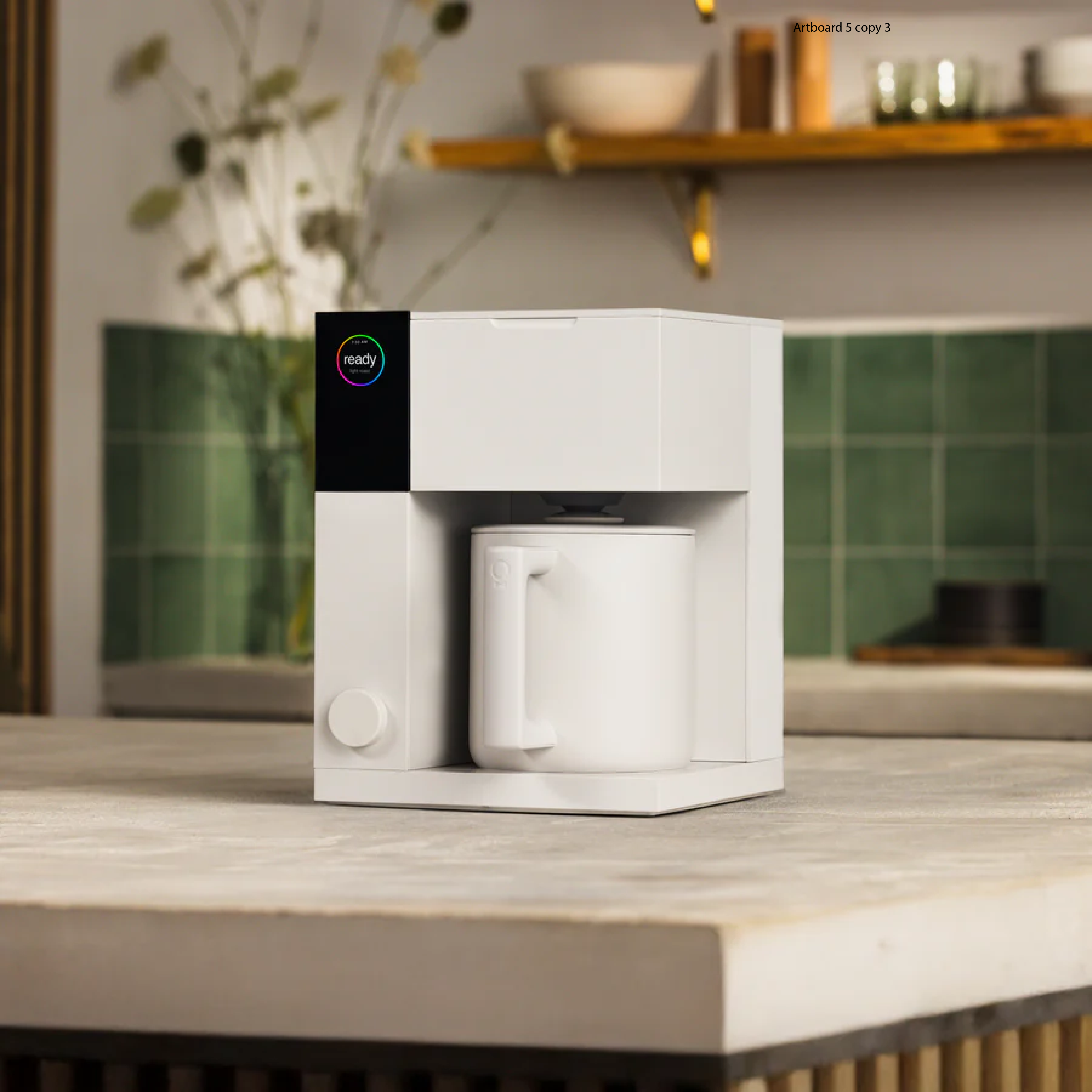 Fellow Aiden Precision Coffee Maker in matte white with thermal carafe. Diagonal view of the machine.