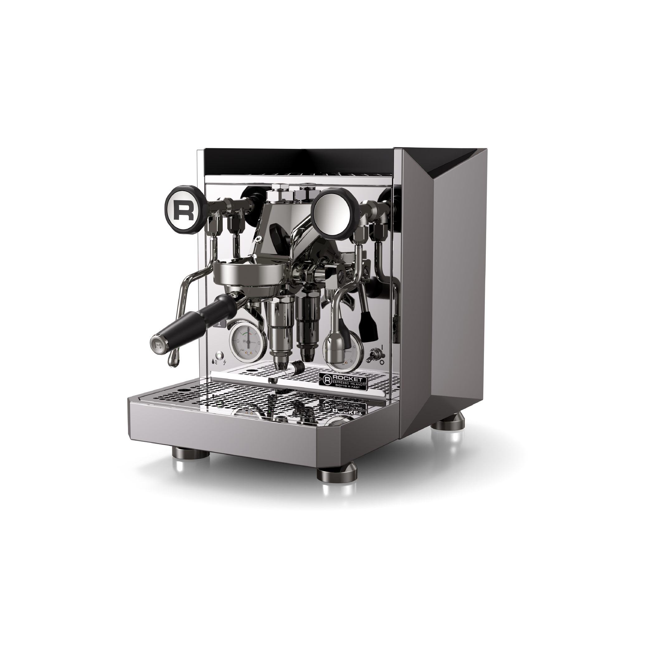 Rocket Giotto R Fast Espresso Machine in stainless steel. Front view of the machine.