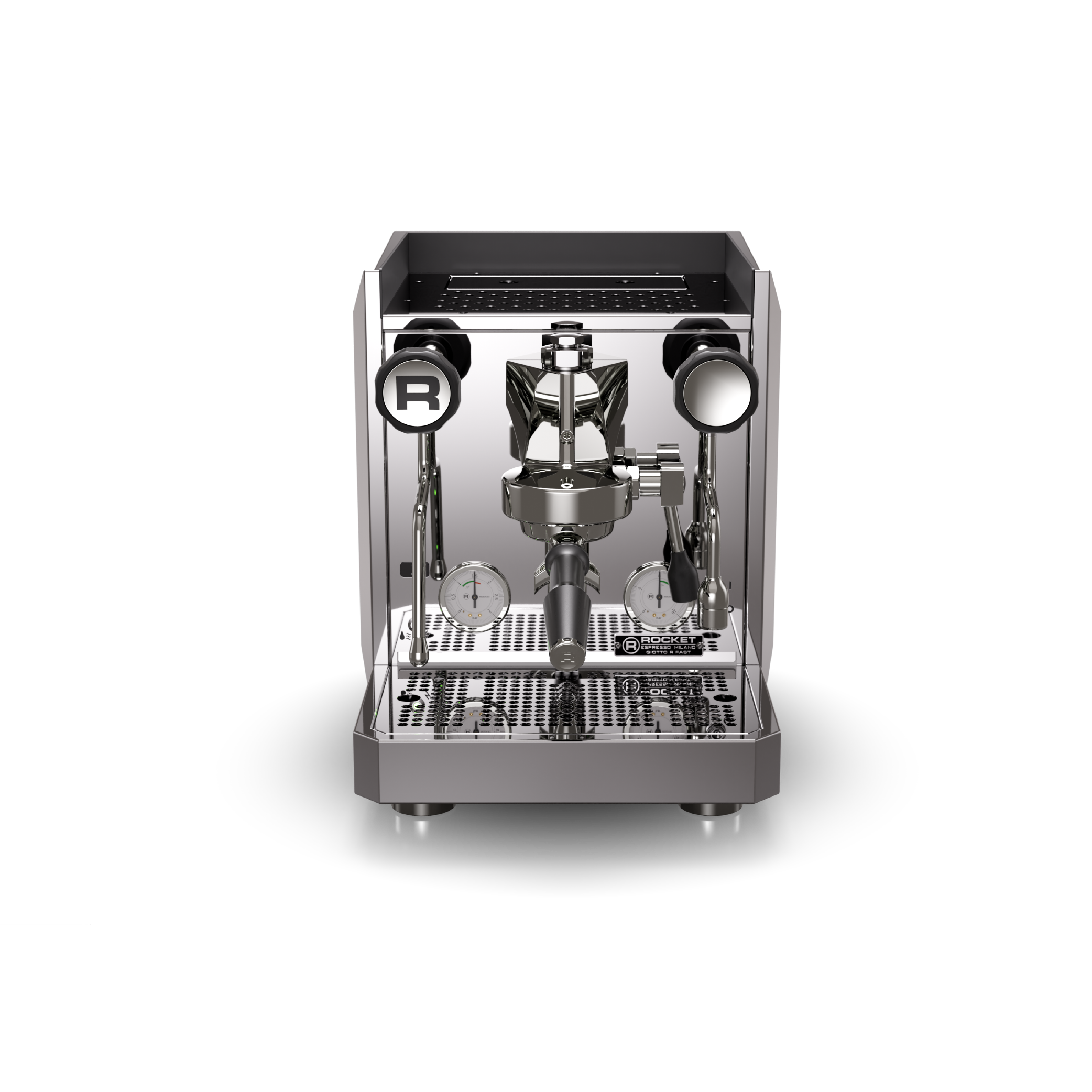 Rocket Giotto R Fast Espresso Machine in stainless steel. Front view of the machine.