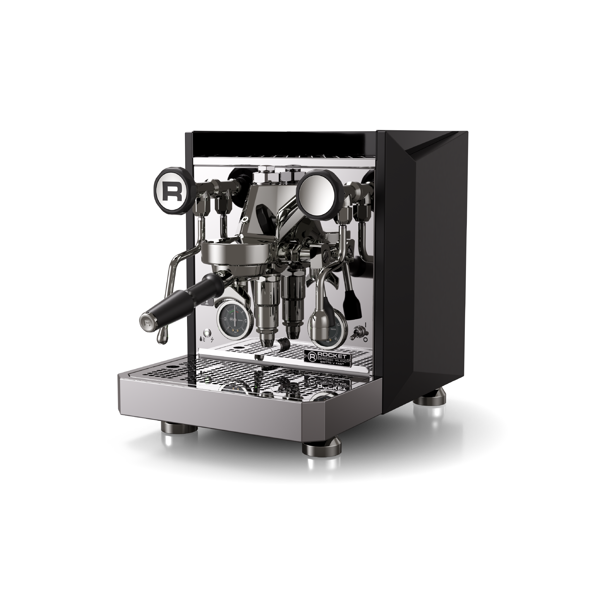 Rocket Giotto V Fast Espresso Machine in matt black. Front view of the machine.
