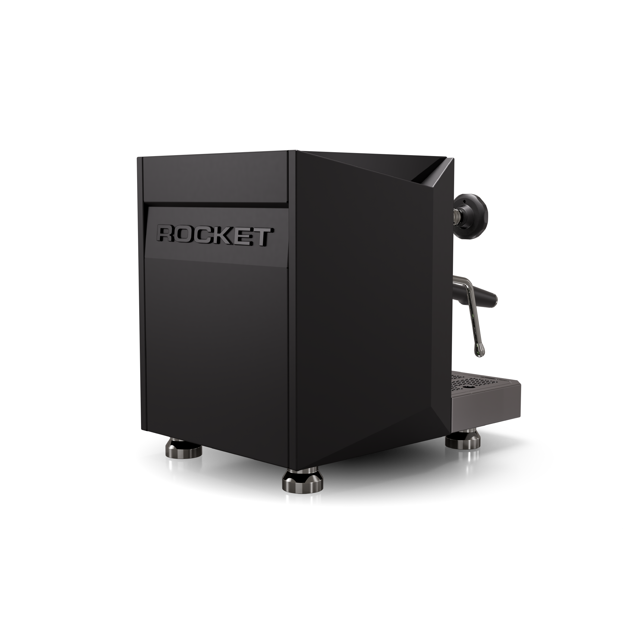 Rocket Giotto V Fast Espresso Machine in matt black. Side view of the machine.