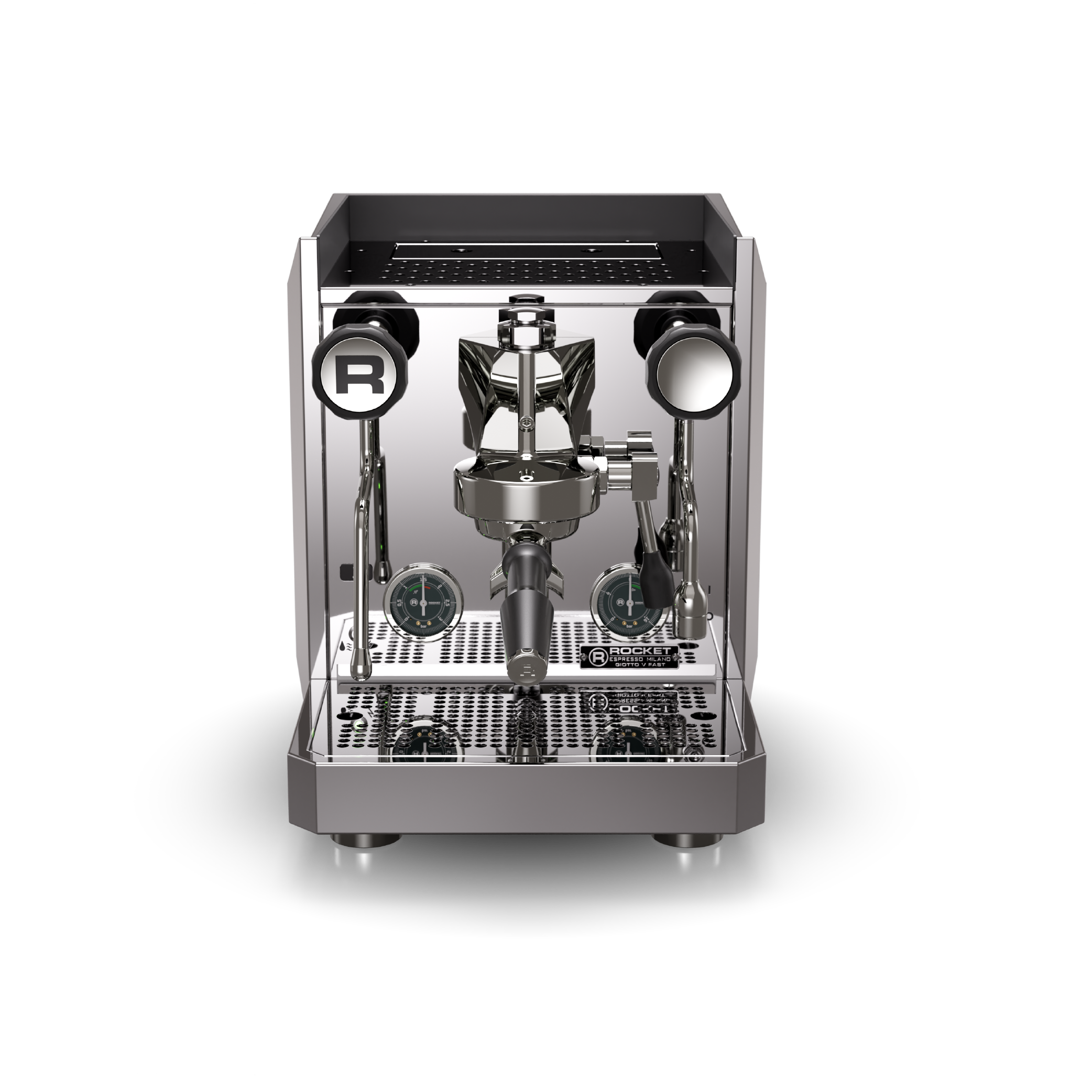 Rocket Giotto V Fast Espresso Machine in matt black. Front view of the machine.