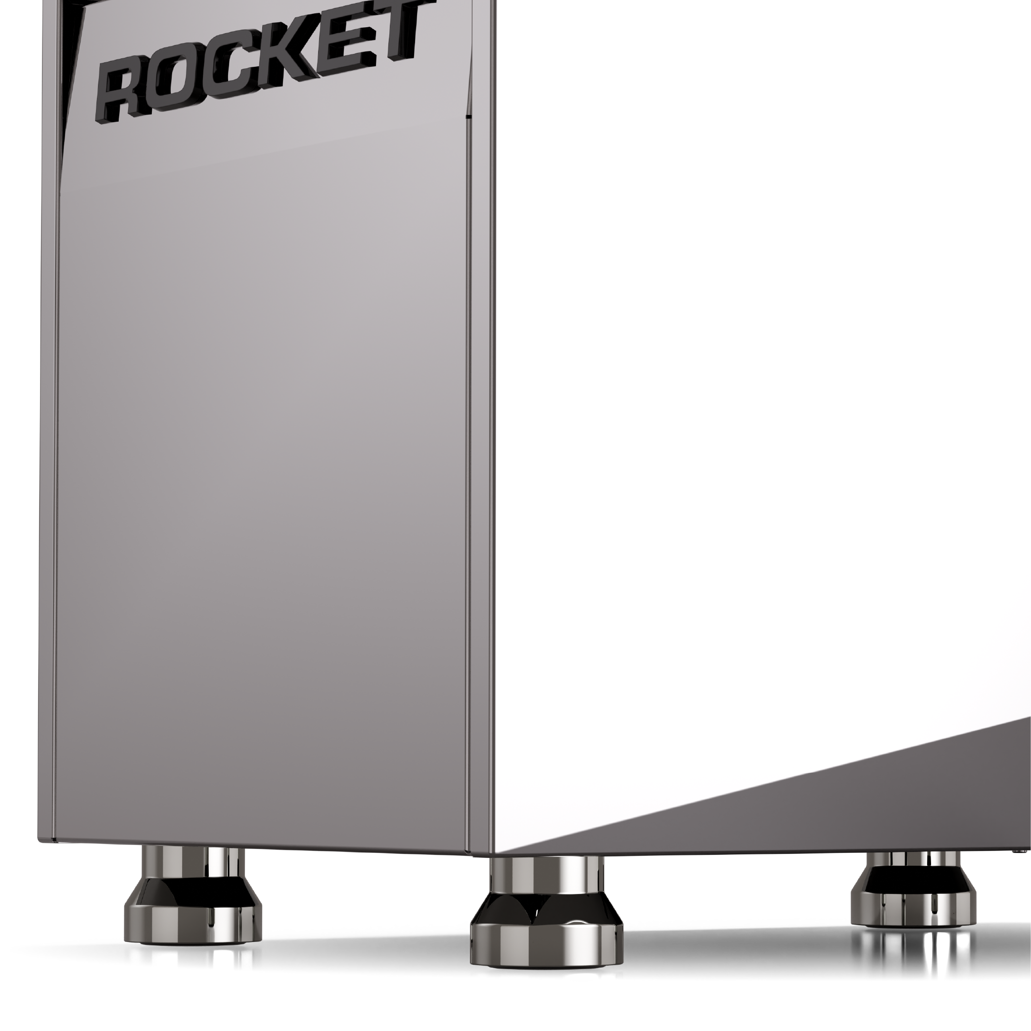 Rocket Giotto V Fast Espresso Machine in stainless steel. Close up of the height adjustable feet.