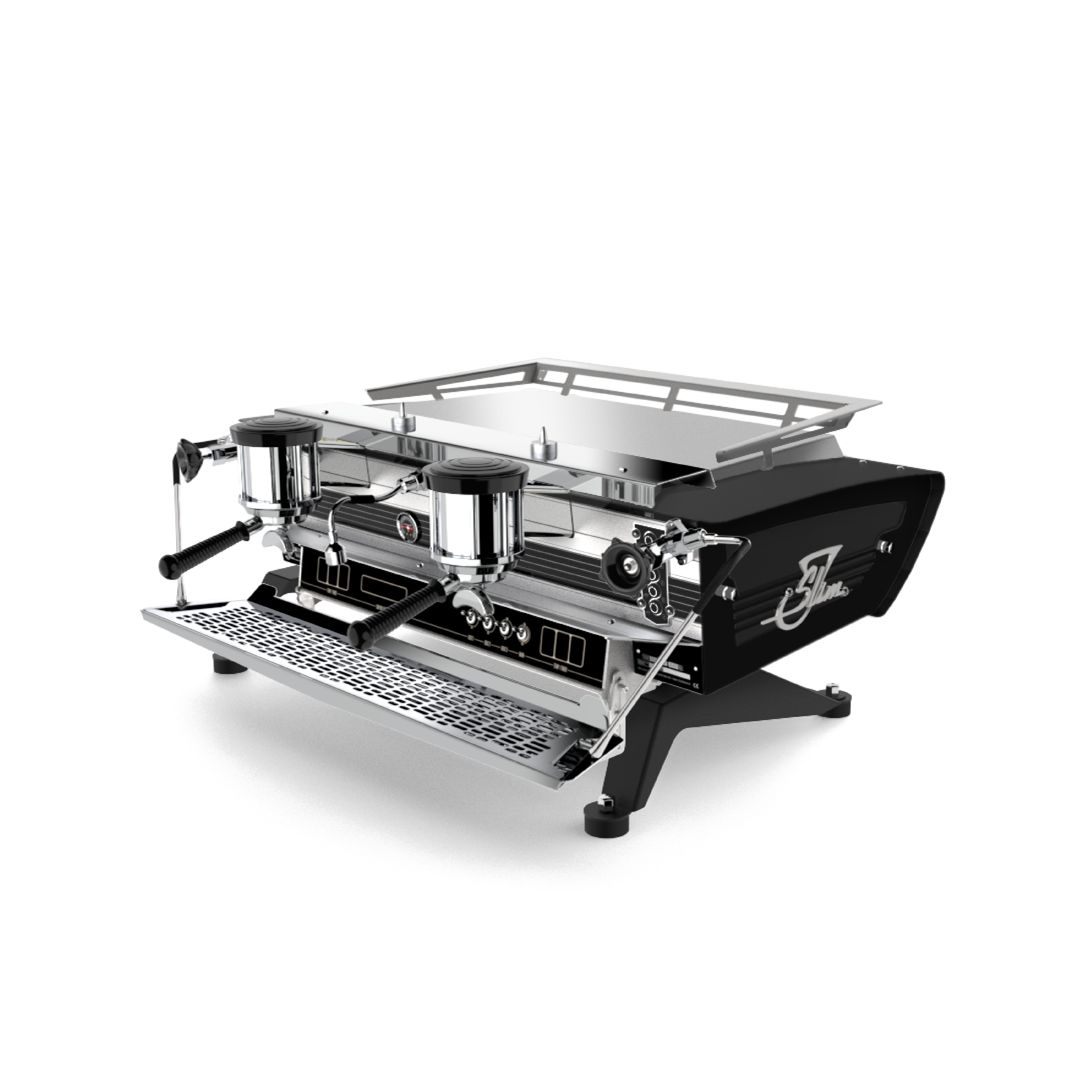 Kees Van Der Westen Slim Jim Commercial Espresso Machine duette. Front view of machine with steel front panel, crackle black body, stainless steel cup warmer tray and cup rail, key side panel and touchpad.